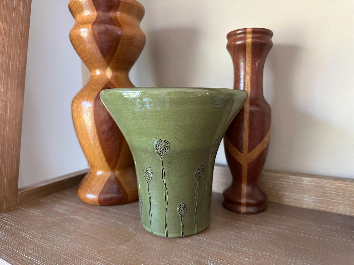Artisan Green Studio Pottery Vase with Botanical Motif - Handmade Ceramic by Diana Faugt