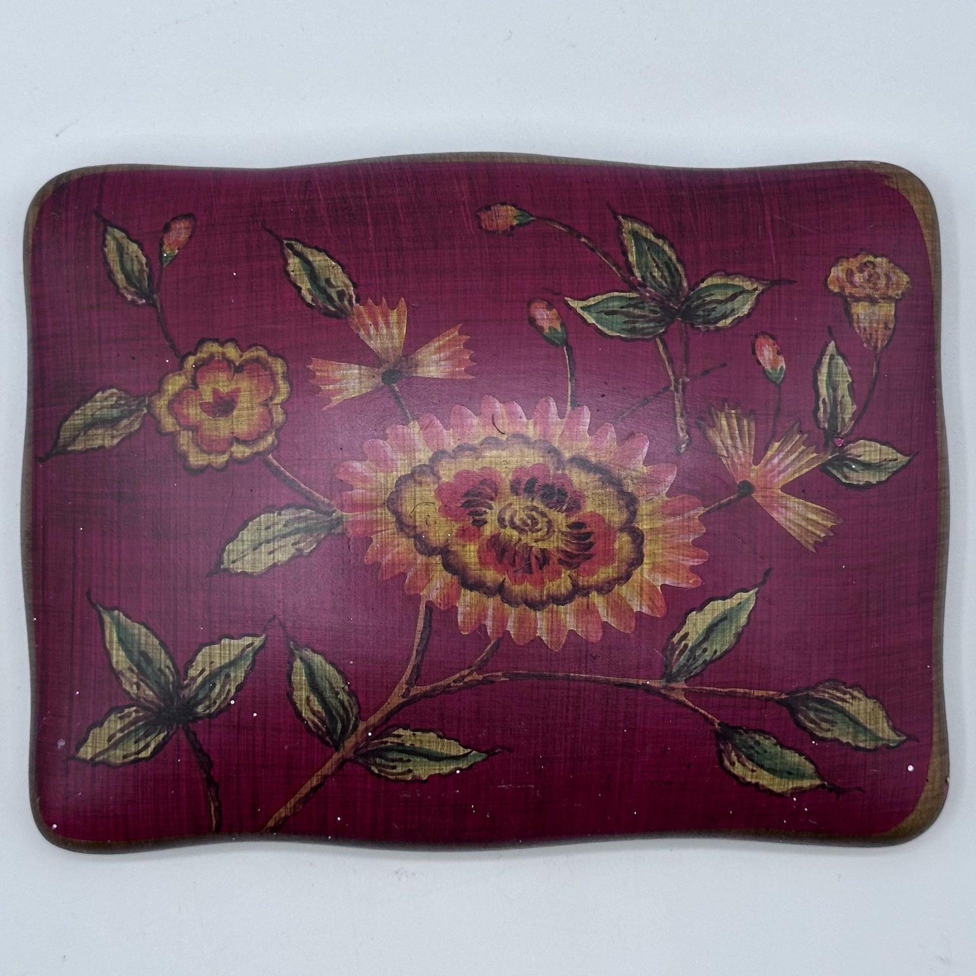 Floral Ceramic Jewelry Box – Hand Painted Trinket Box, Burgundy Keepsake Storage, Vintage Style Vanity Decor Gift for Her