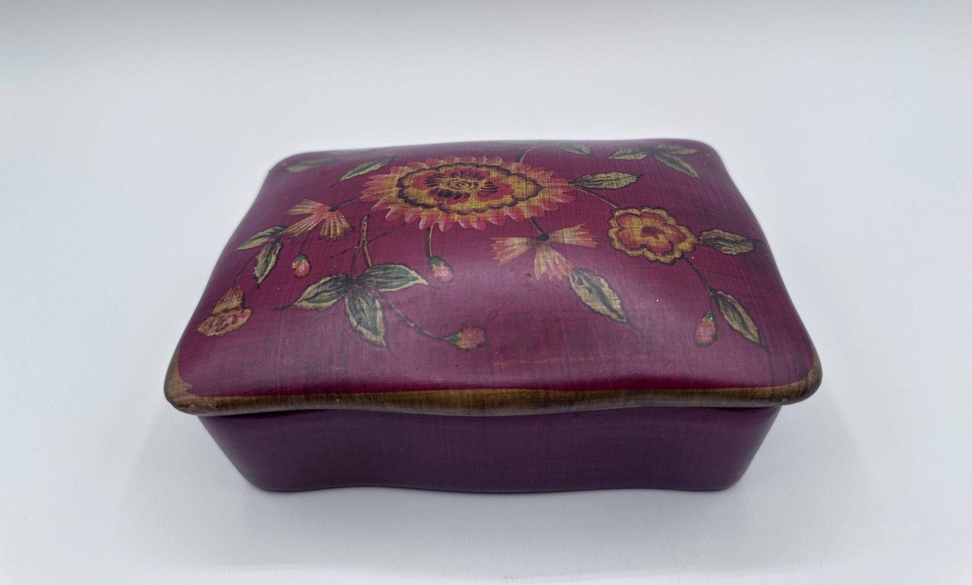 Floral Ceramic Jewelry Box – Hand Painted Trinket Box, Burgundy Keepsake Storage, Vintage Style Vanity Decor Gift for Her