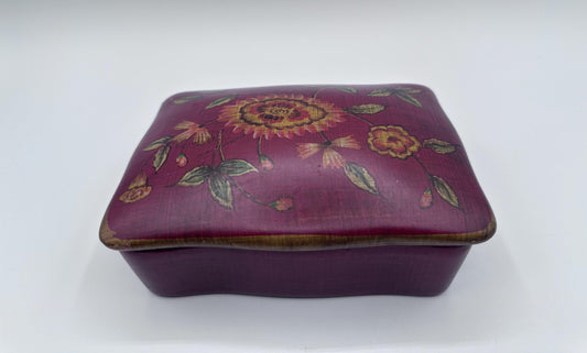 Floral Ceramic Jewelry Box – Hand Painted Trinket Box, Burgundy Keepsake Storage, Vintage Style Vanity Decor Gift for Her