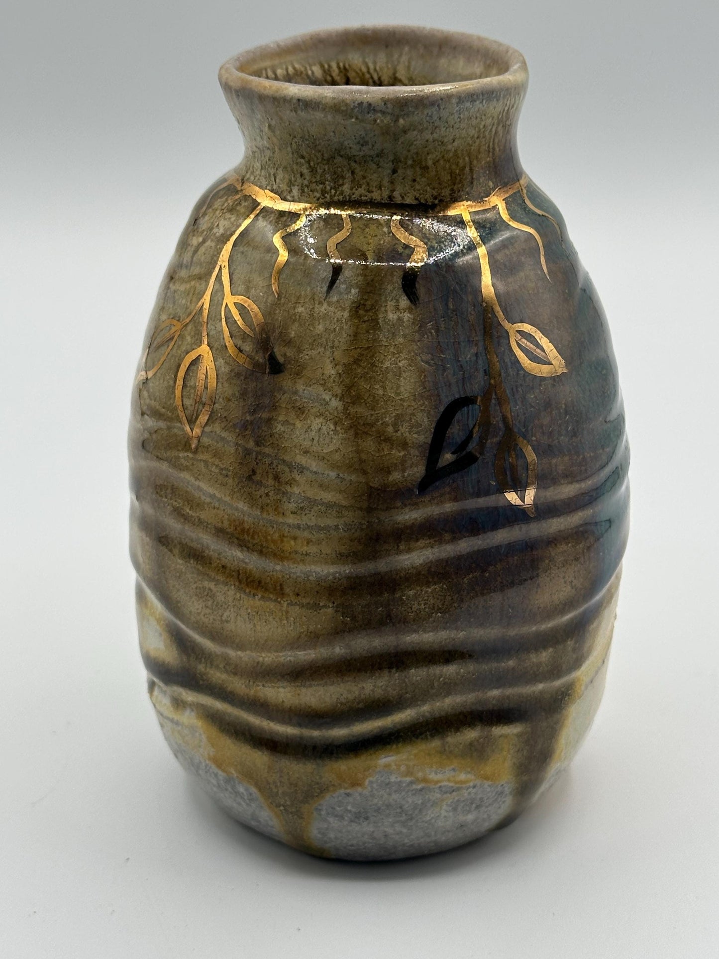 Handcrafted Studio Pottery Vase with Brown, Blue, Cream, and Gold Leaf Design