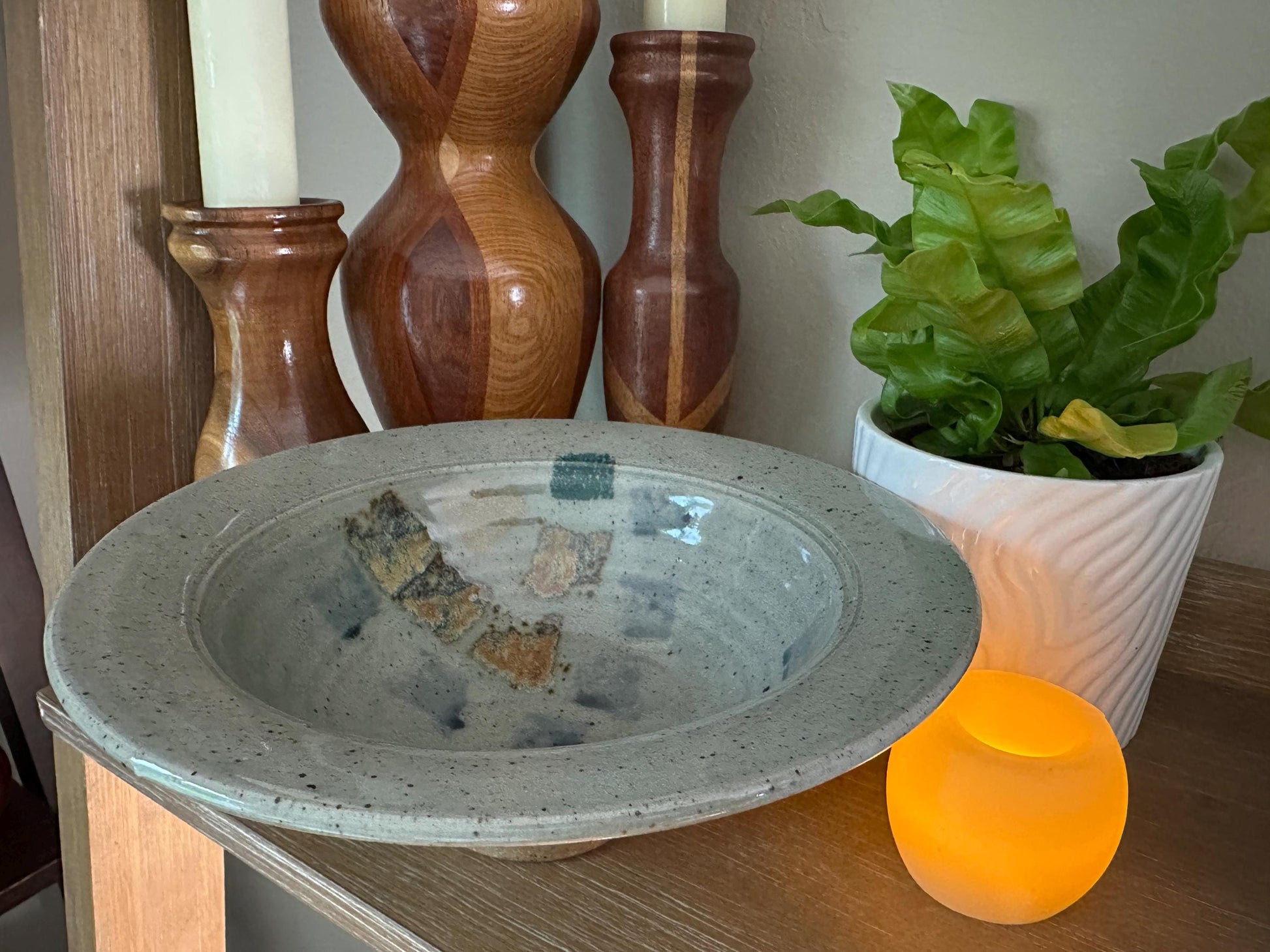 Artist-Signed Studio Pottery: Speckled Pedestal Bowl with Square Pattern - Handcrafted by Holt