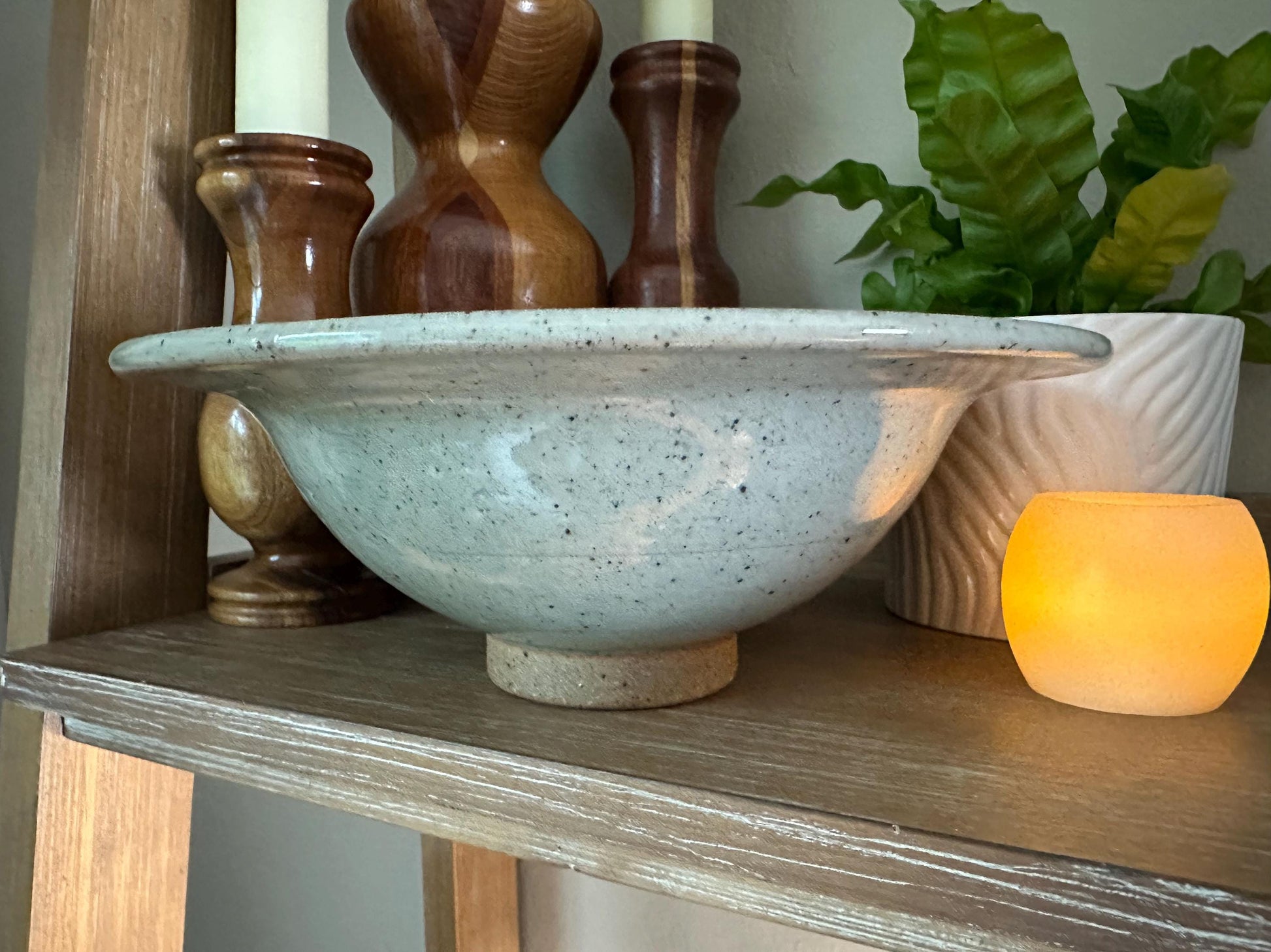 Artist-Signed Studio Pottery: Speckled Pedestal Bowl with Square Pattern - Handcrafted by Holt