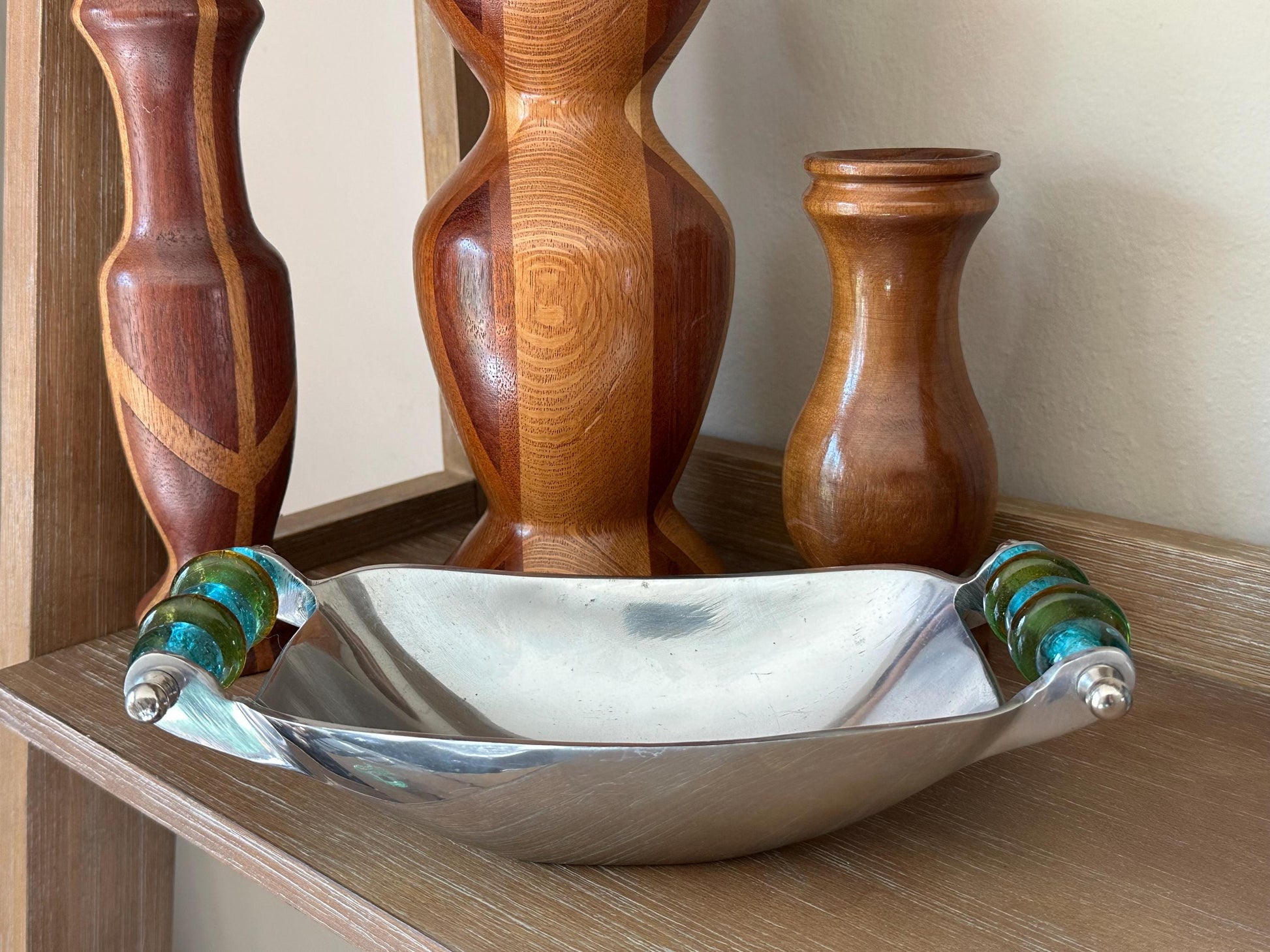 Vintage Silver Rectangle Serving Platter with Elegant Blue & Brown Bead Accents - Retro Tableware
