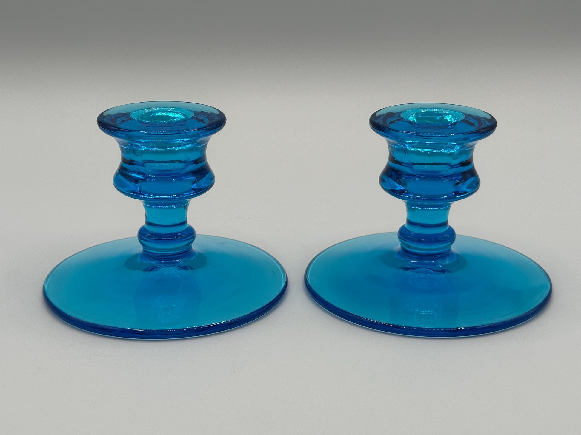 Vintage Art Deco Blue Glass Candlestick Holders: Mid-Century Modern Pair for Home Decor
