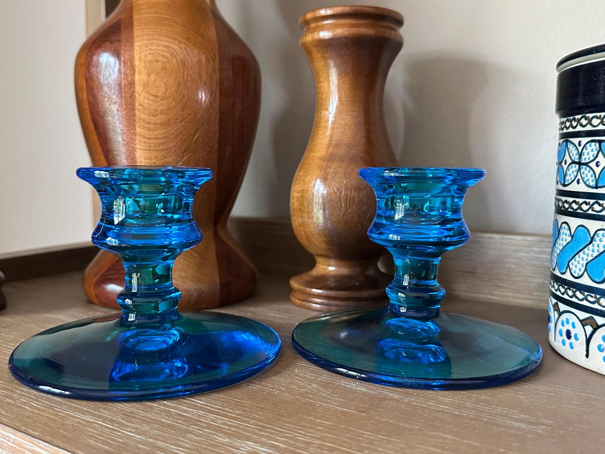 Vintage Art Deco Blue Glass Candlestick Holders: Mid-Century Modern Pair for Home Decor