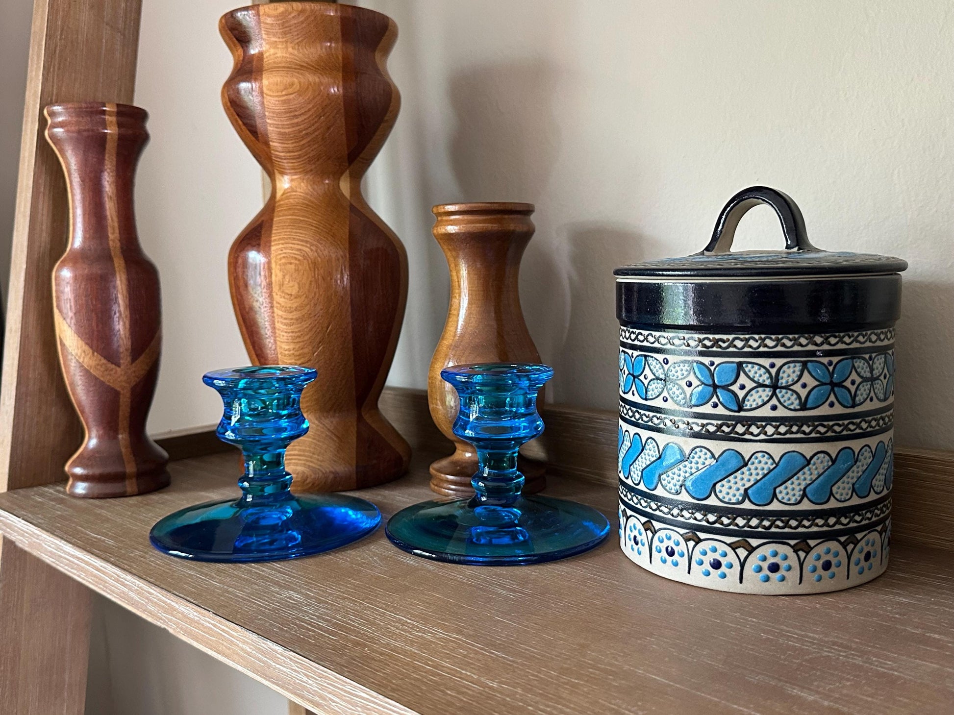 Vintage Art Deco Blue Glass Candlestick Holders: Mid-Century Modern Pair for Home Decor