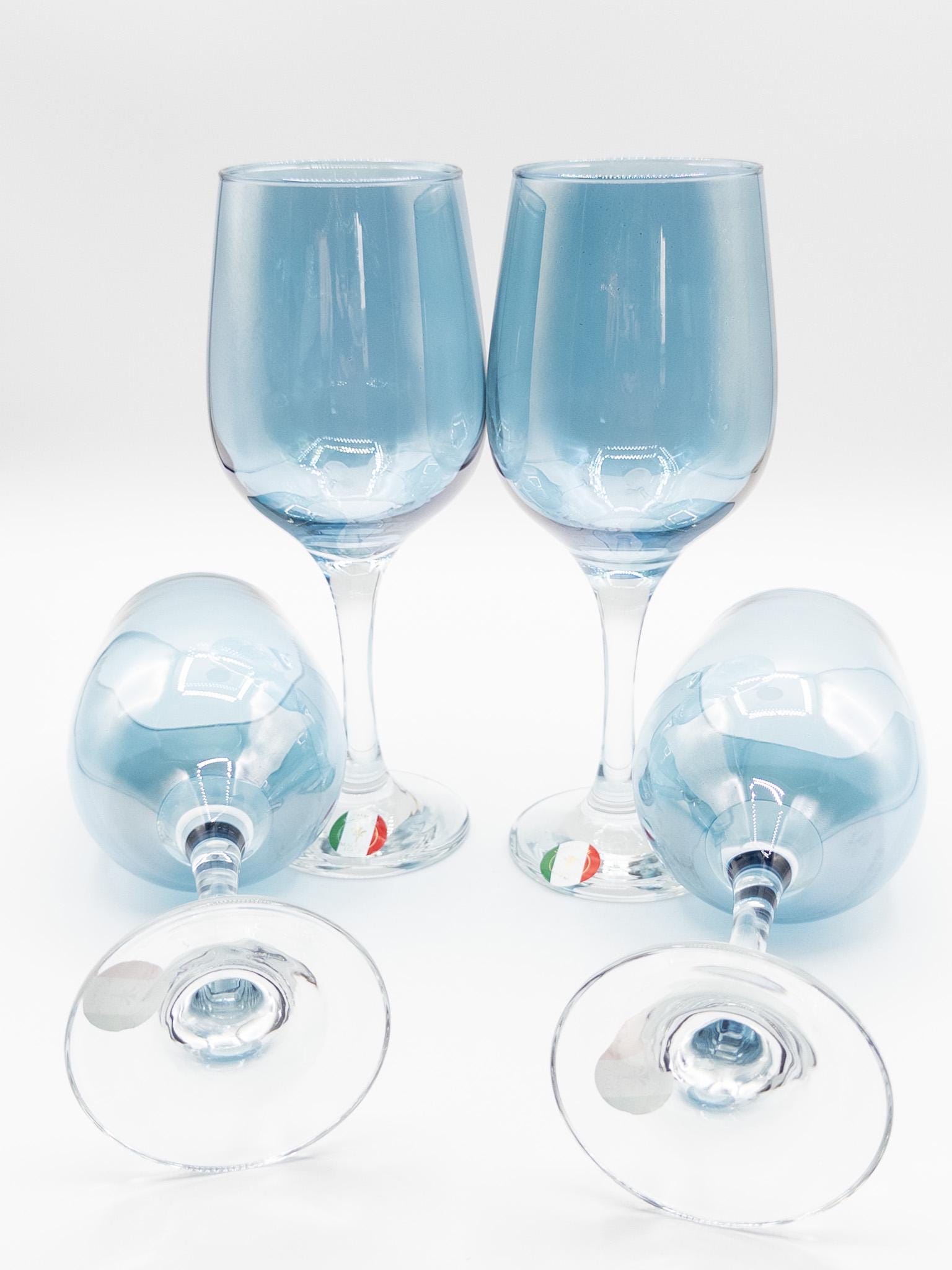 Vintage Italian Handblown Iridescent Blue Wine Glasses - Elegant Retro Glassware for Home Bar