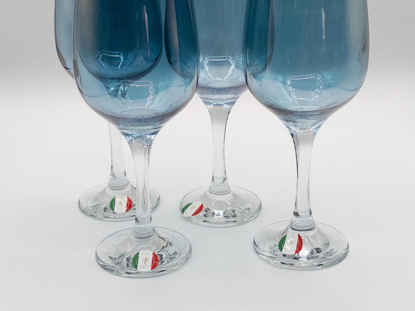Vintage Italian Handblown Iridescent Blue Wine Glasses - Elegant Retro Glassware for Home Bar