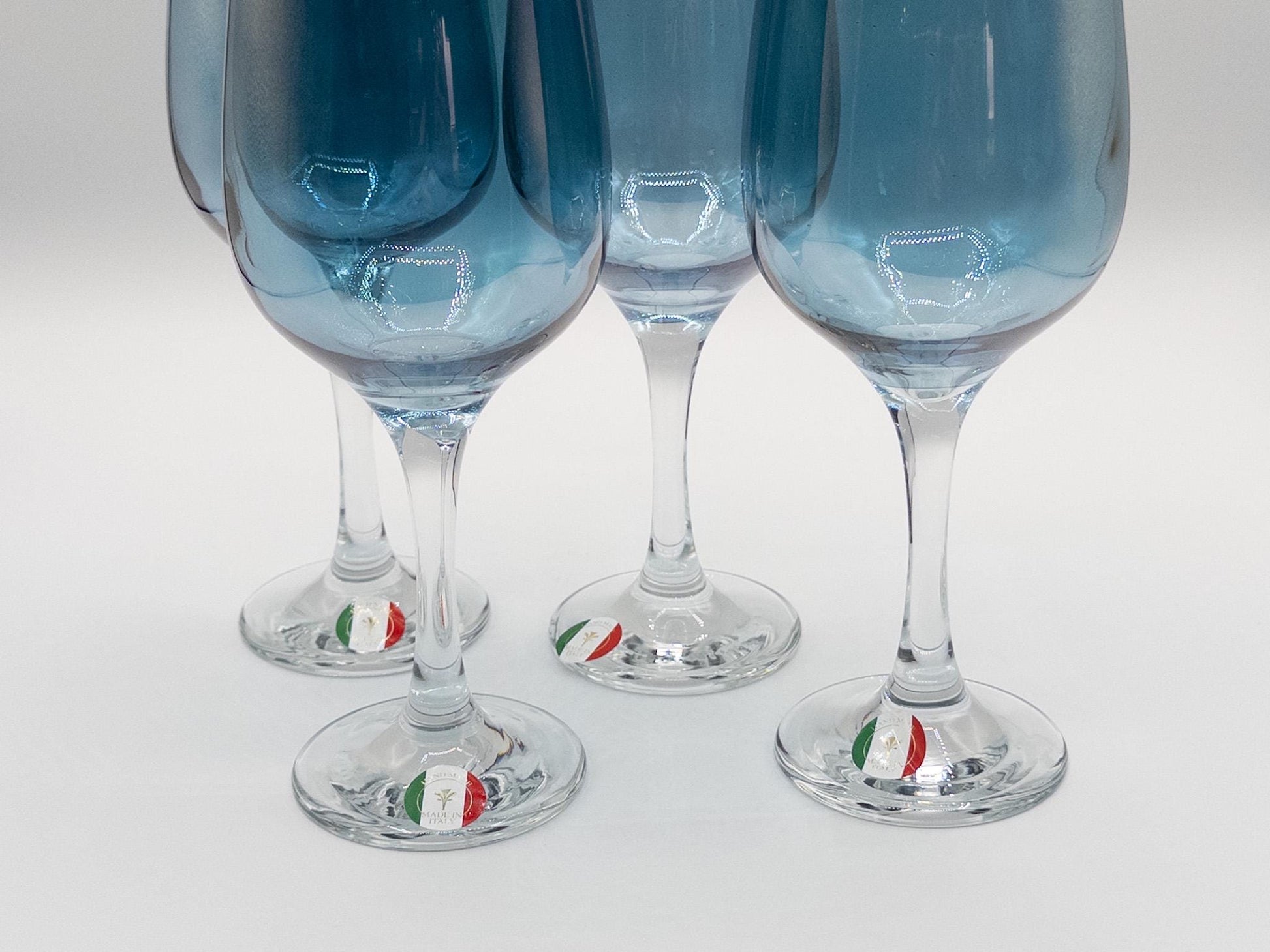 Vintage Italian Handblown Iridescent Blue Wine Glasses - Elegant Retro Glassware for Home Bar