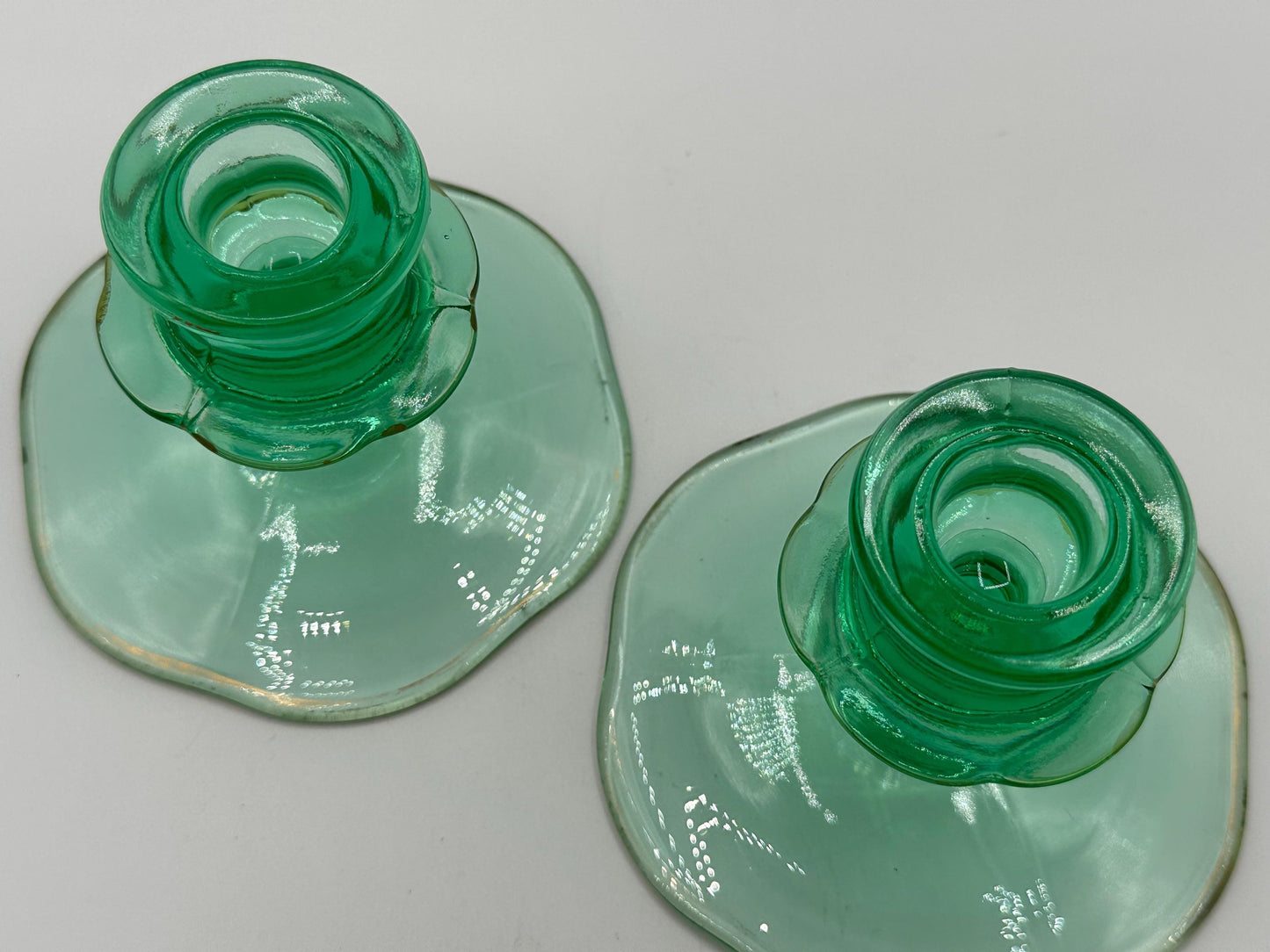 Antique Uranium Glass Candlestick Holders - Glowing Depression Era Decor for Collectors