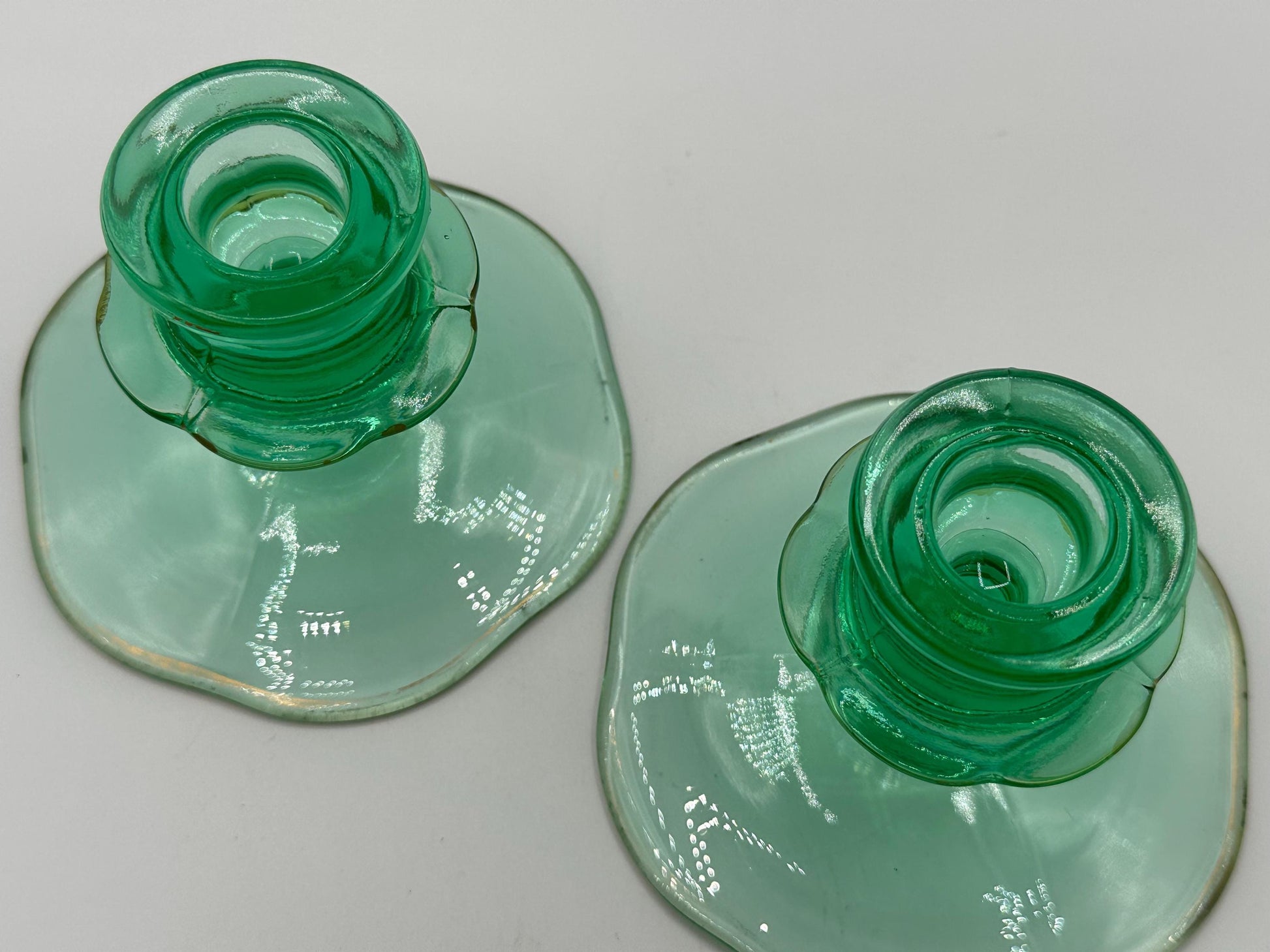 Antique Uranium Glass Candlestick Holders - Glowing Depression Era Decor for Collectors