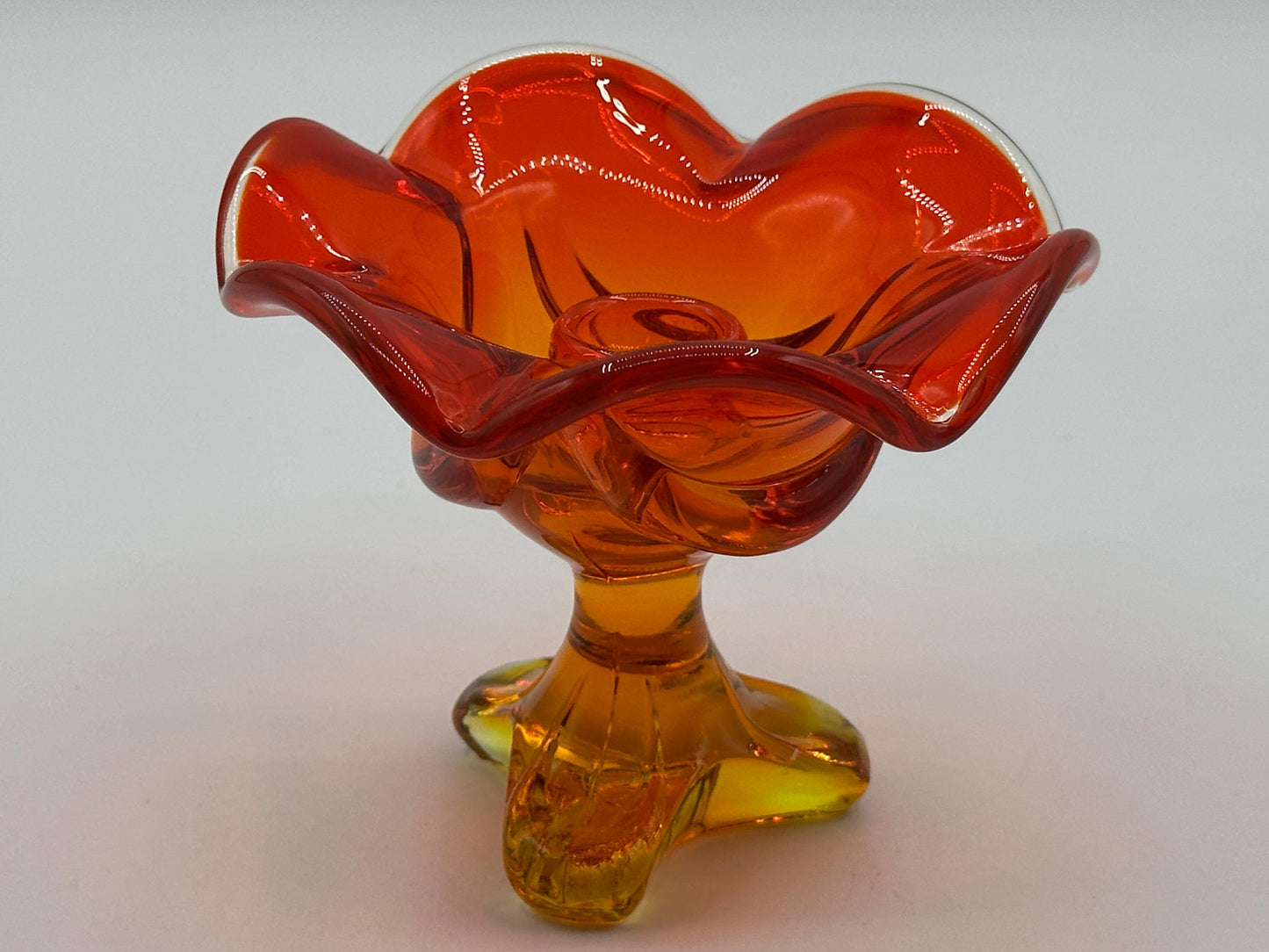 Vintage Viking Glass Persimmon Amberina Footed Candlestick Holder - Epic Collection Triple Taper