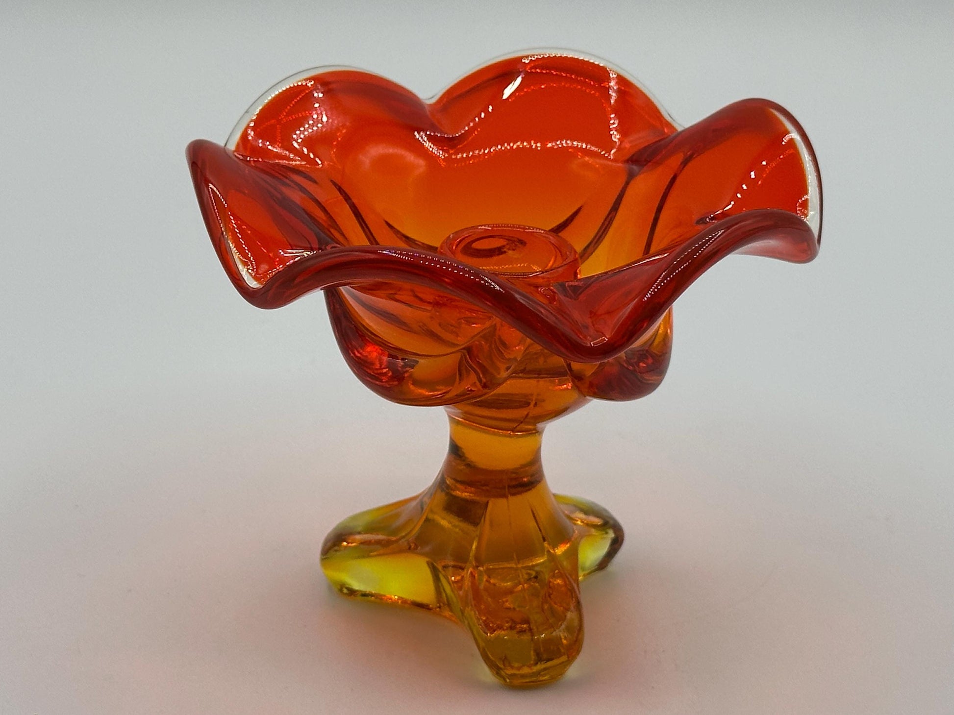 Vintage Viking Glass Persimmon Amberina Footed Candlestick Holder - Epic Collection Triple Taper