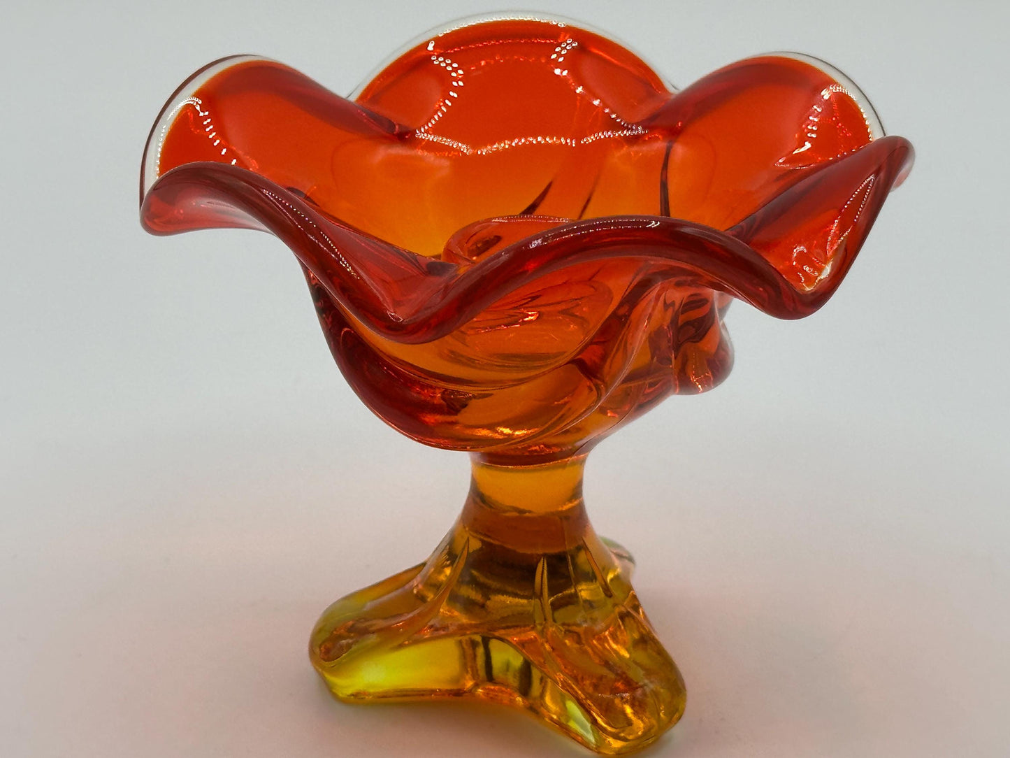 Vintage Viking Glass Persimmon Amberina Footed Candlestick Holder - Epic Collection Triple Taper