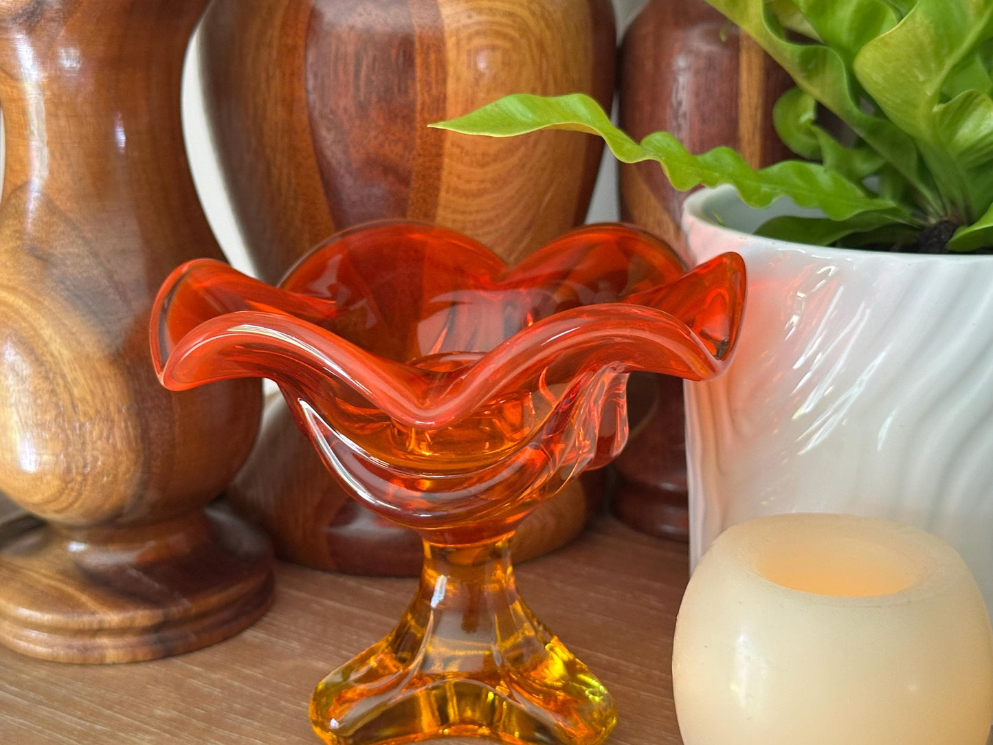 Vintage Viking Glass Persimmon Amberina Footed Candlestick Holder - Epic Collection Triple Taper