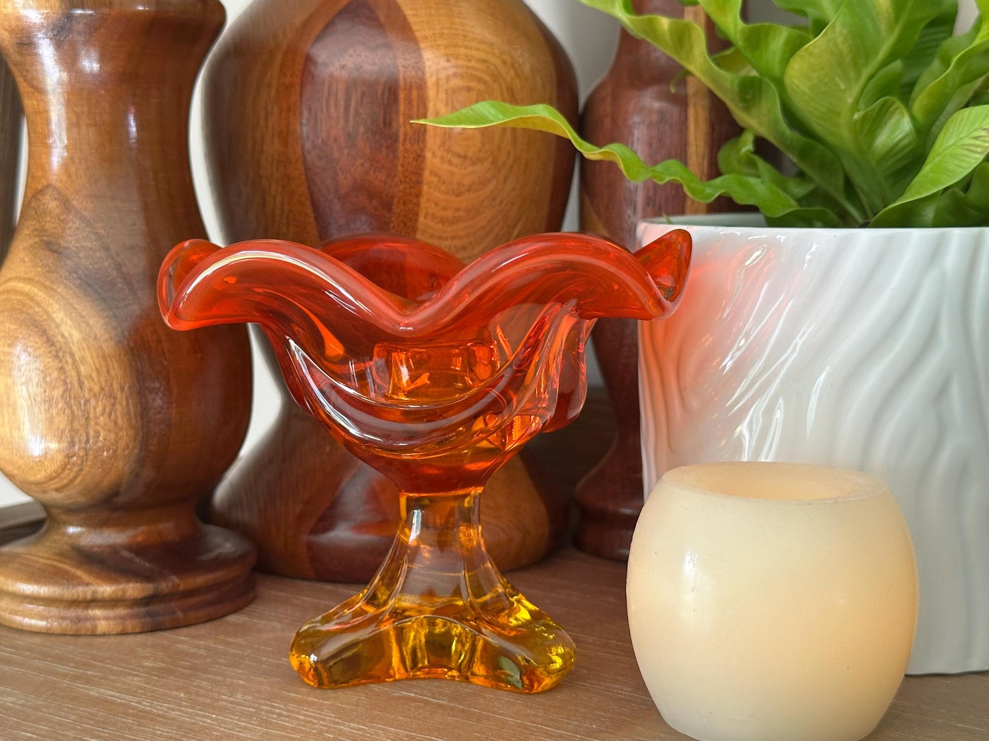Vintage Viking Glass Persimmon Amberina Footed Candlestick Holder - Epic Collection Triple Taper