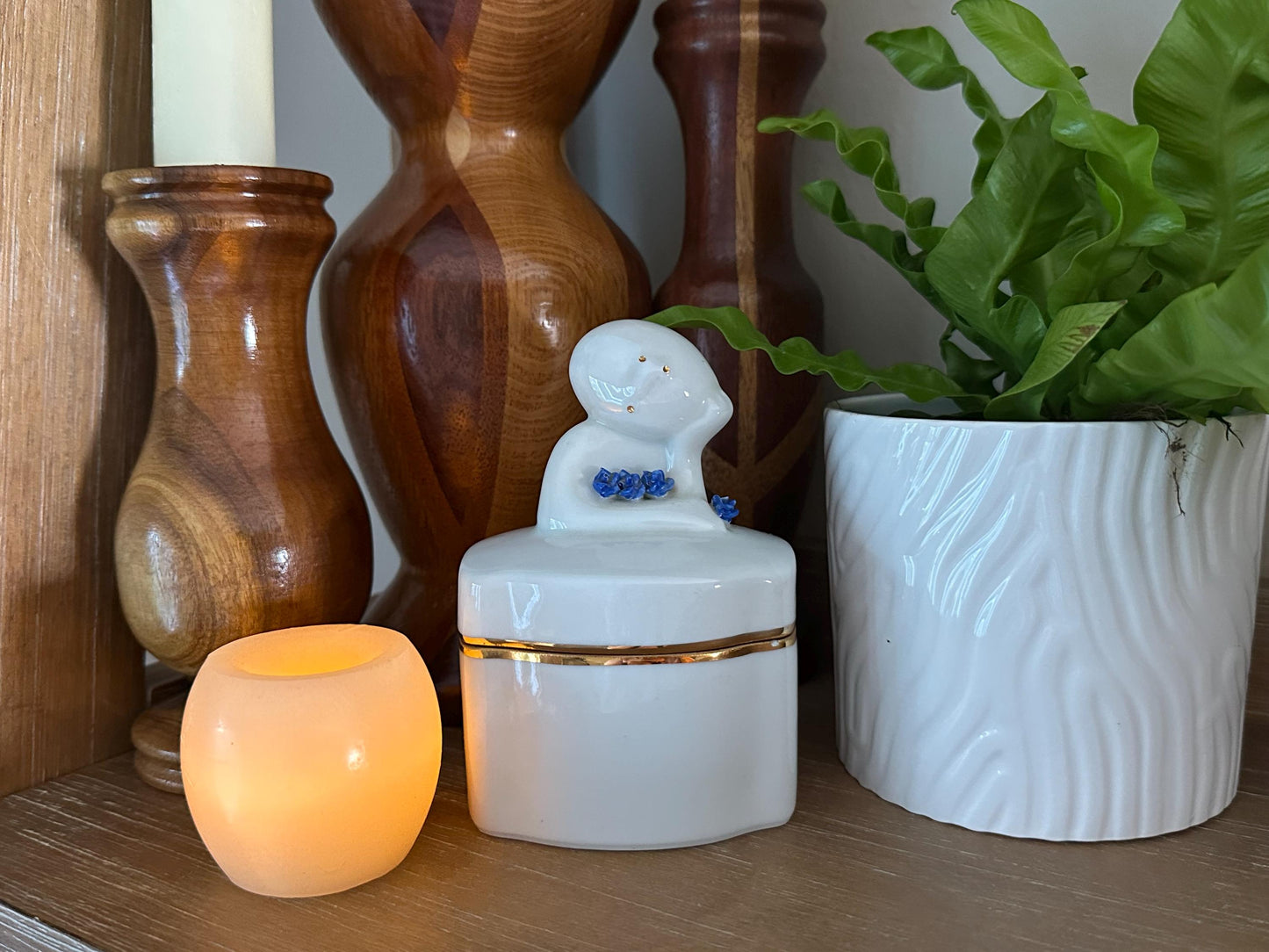 Vintage Royal Dux Bohemia Cobalt Blue & White Figurine Box - Antique Porcelain Trinket Container