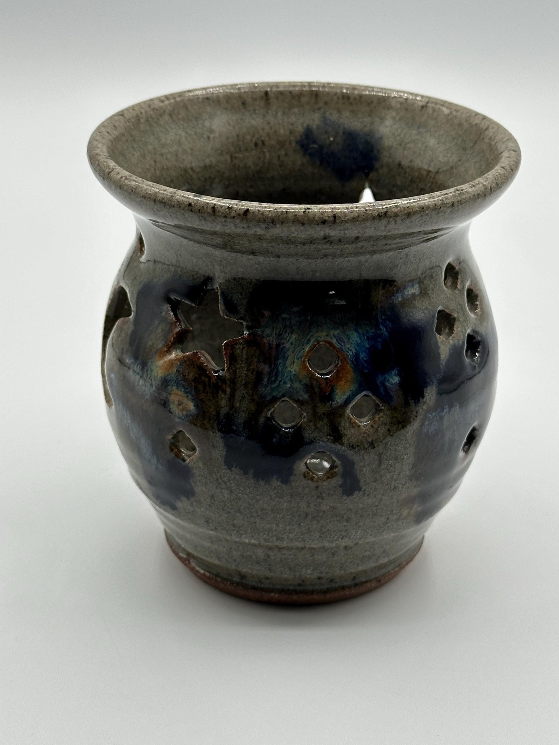 Handcrafted Blue-Gray Ceramic Luminary: Artist Signed Studio Art Pottery Tea Light Holder for Ambient Decor