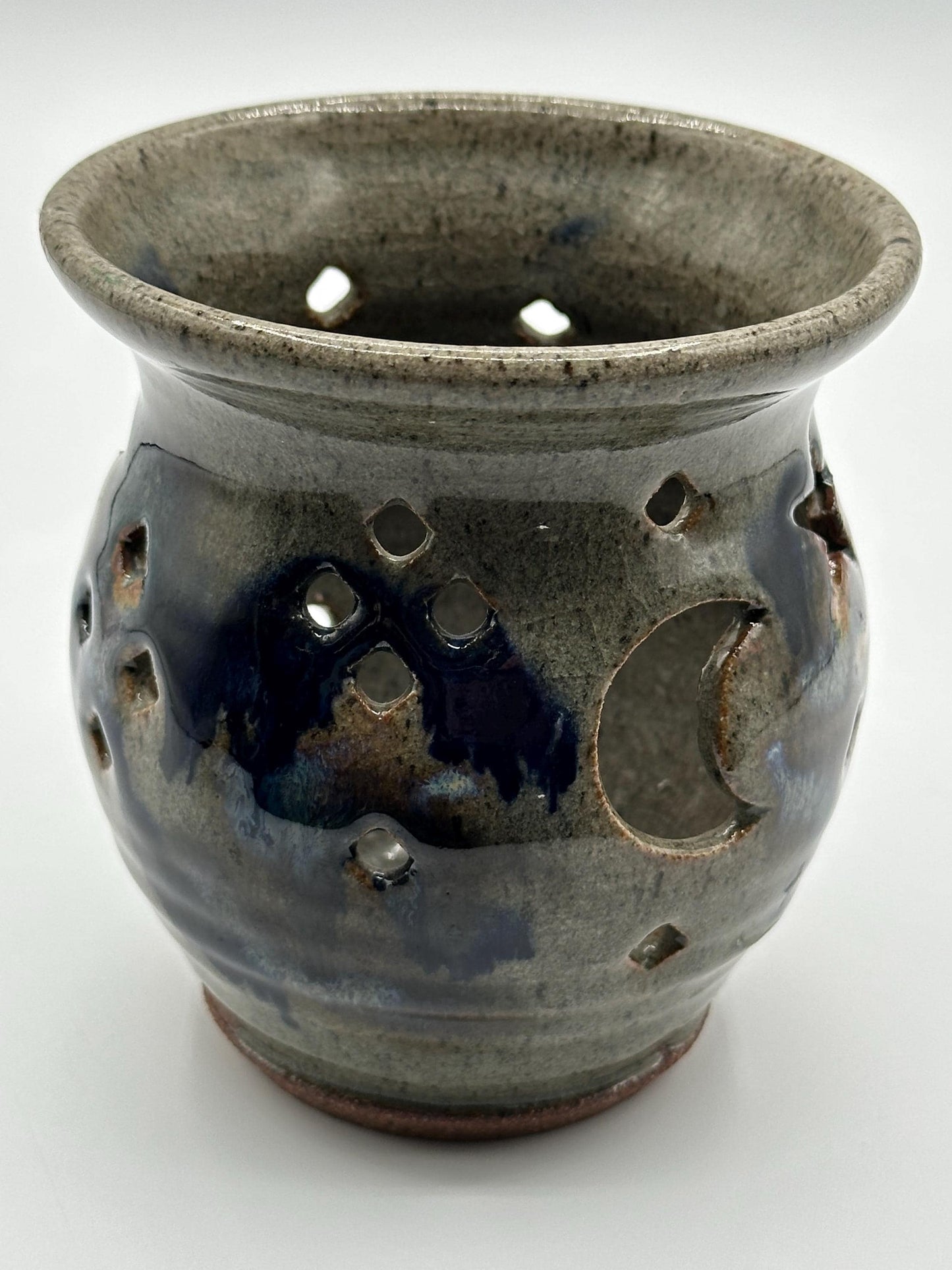 Handcrafted Blue-Gray Ceramic Luminary: Artist Signed Studio Art Pottery Tea Light Holder for Ambient Decor
