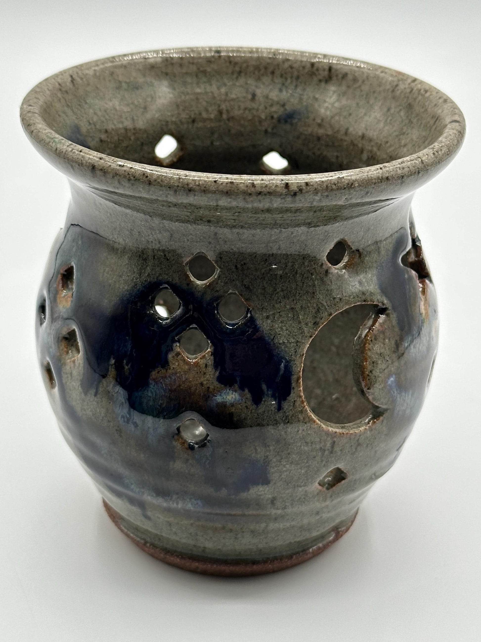 Handcrafted Blue-Gray Ceramic Luminary: Artist Signed Studio Art Pottery Tea Light Holder for Ambient Decor