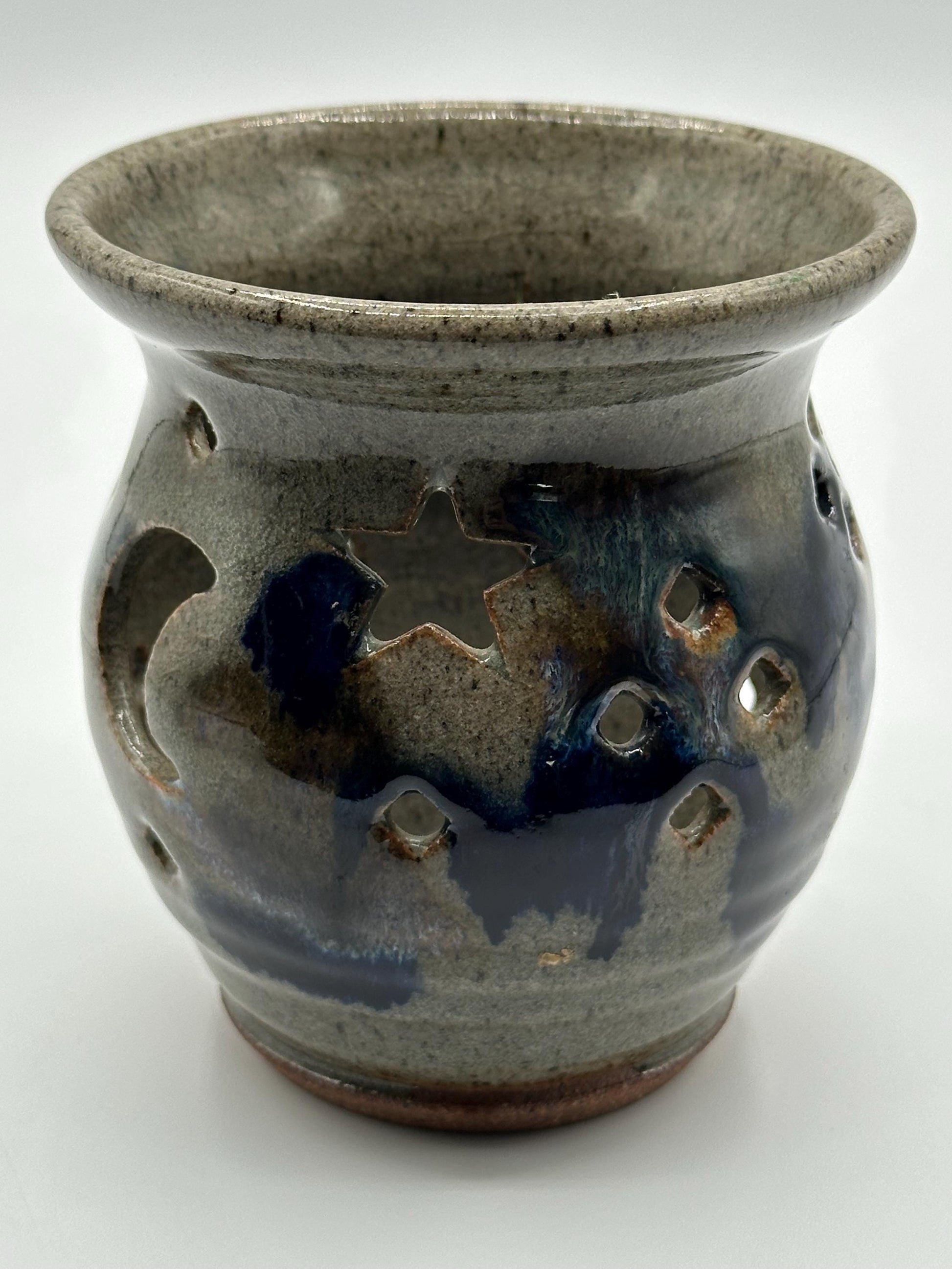 Handcrafted Blue-Gray Ceramic Luminary: Artist Signed Studio Art Pottery Tea Light Holder for Ambient Decor