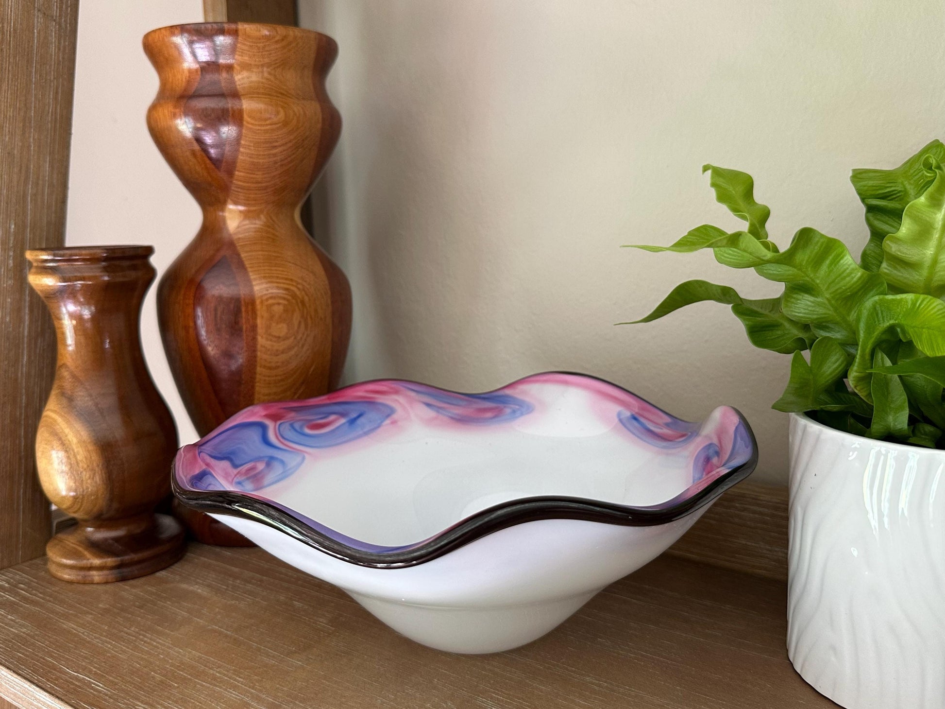Vintage Art Deco Fenton Glass Bowl: White with Purple & Pink Accents - Elegant Home Decor