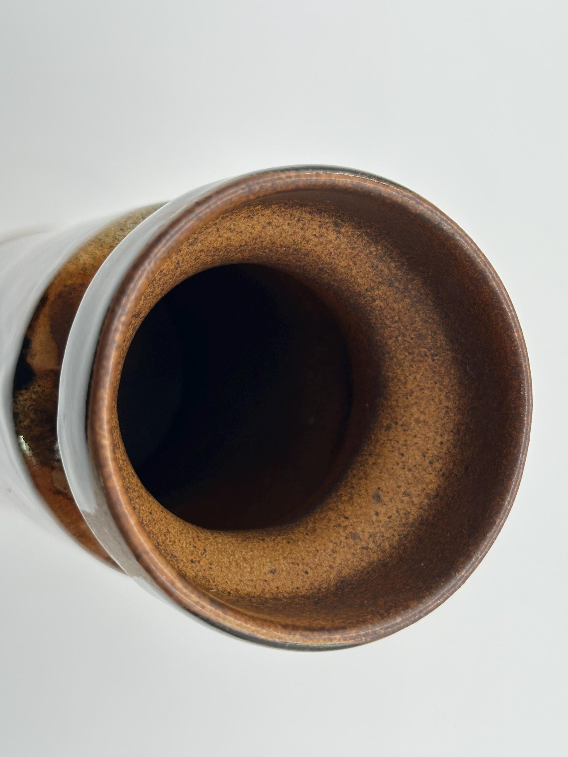 Vintage Mid-Century Modern Cylindrical Vase: Brown & Black Swirl Accents - USA Pottery Craft