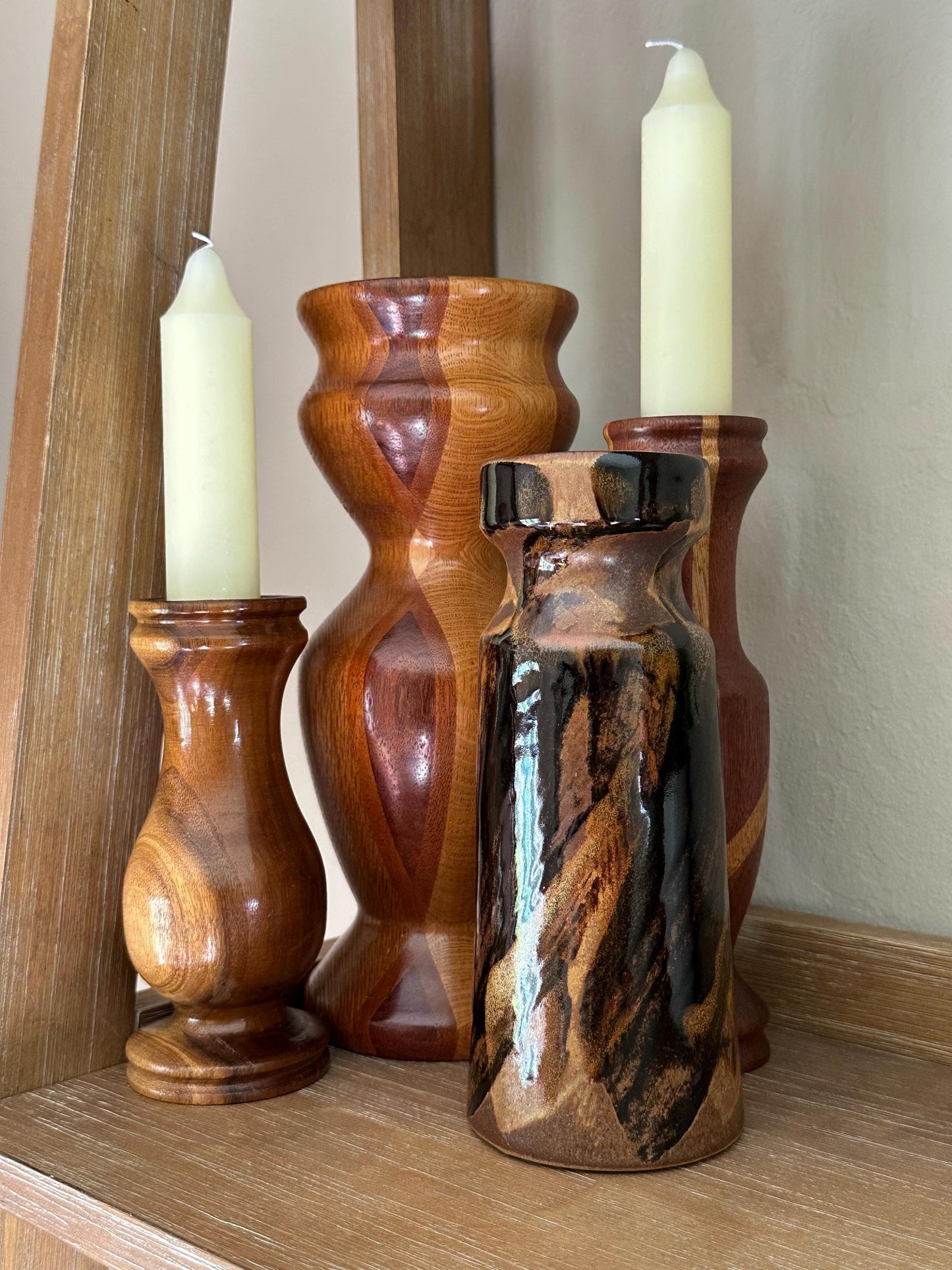 Vintage Mid-Century Modern Cylindrical Vase: Brown & Black Swirl Accents - USA Pottery Craft