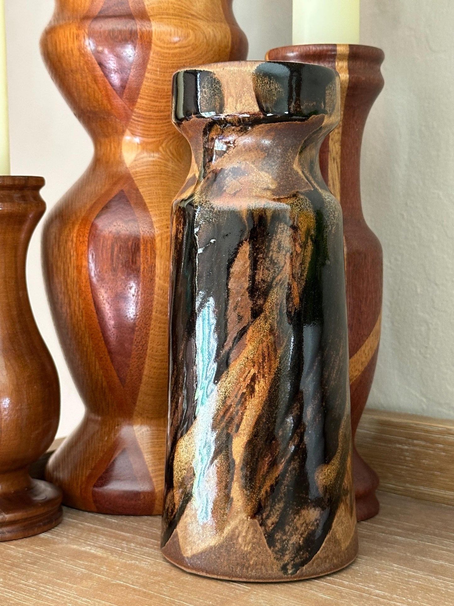 Vintage Mid-Century Modern Cylindrical Vase: Brown & Black Swirl Accents - USA Pottery Craft