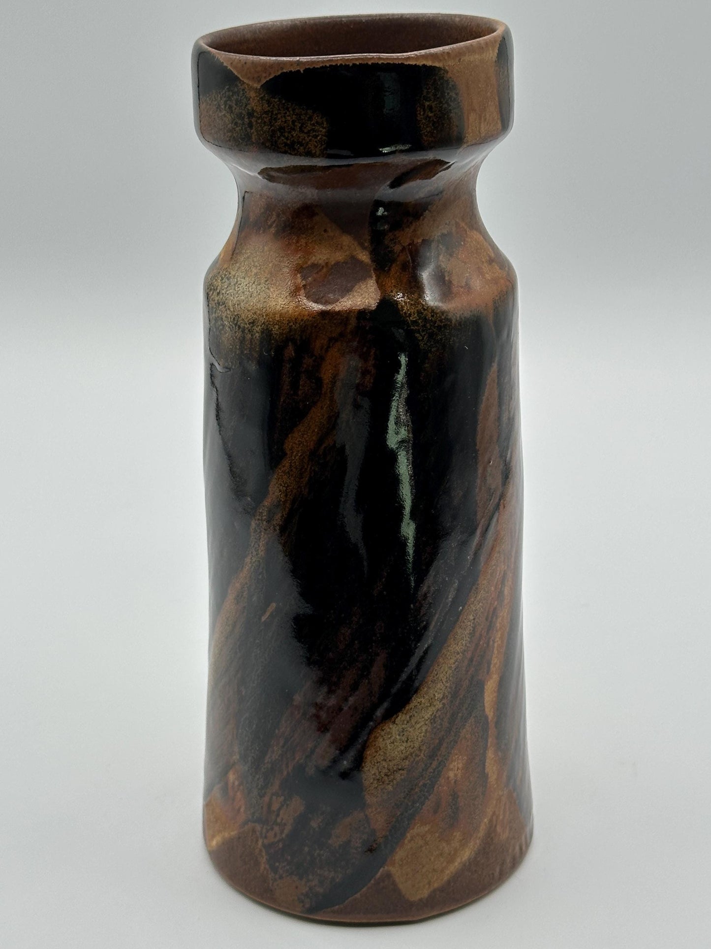 Vintage Mid-Century Modern Cylindrical Vase: Brown & Black Swirl Accents - USA Pottery Craft