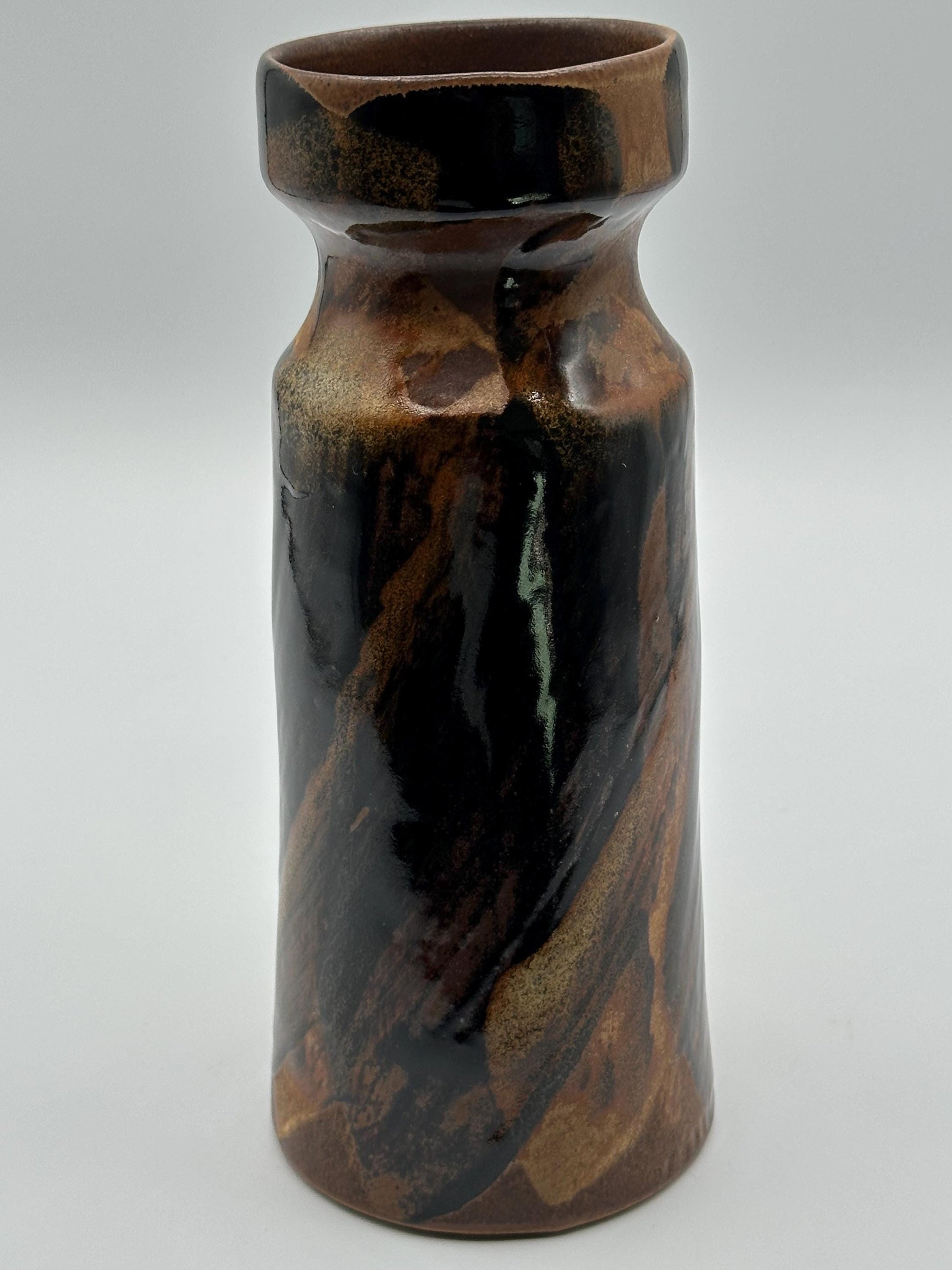 Vintage Mid-Century Modern Cylindrical Vase: Brown & Black Swirl Accents - USA Pottery Craft