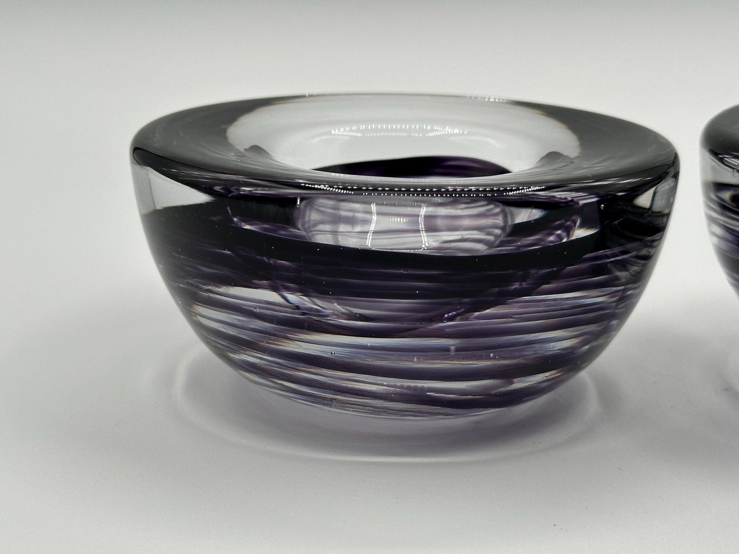 Kosta Boda Atoll Votive Candle Holders - Clear & Purple Swirl Glass Art Pair