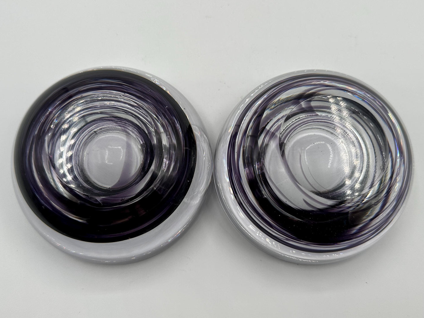 Kosta Boda Atoll Votive Candle Holders - Clear & Purple Swirl Glass Art Pair