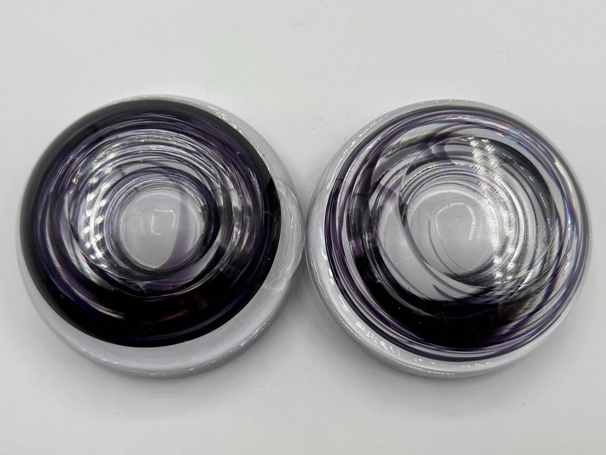 Kosta Boda Atoll Votive Candle Holders - Clear & Purple Swirl Glass Art Pair
