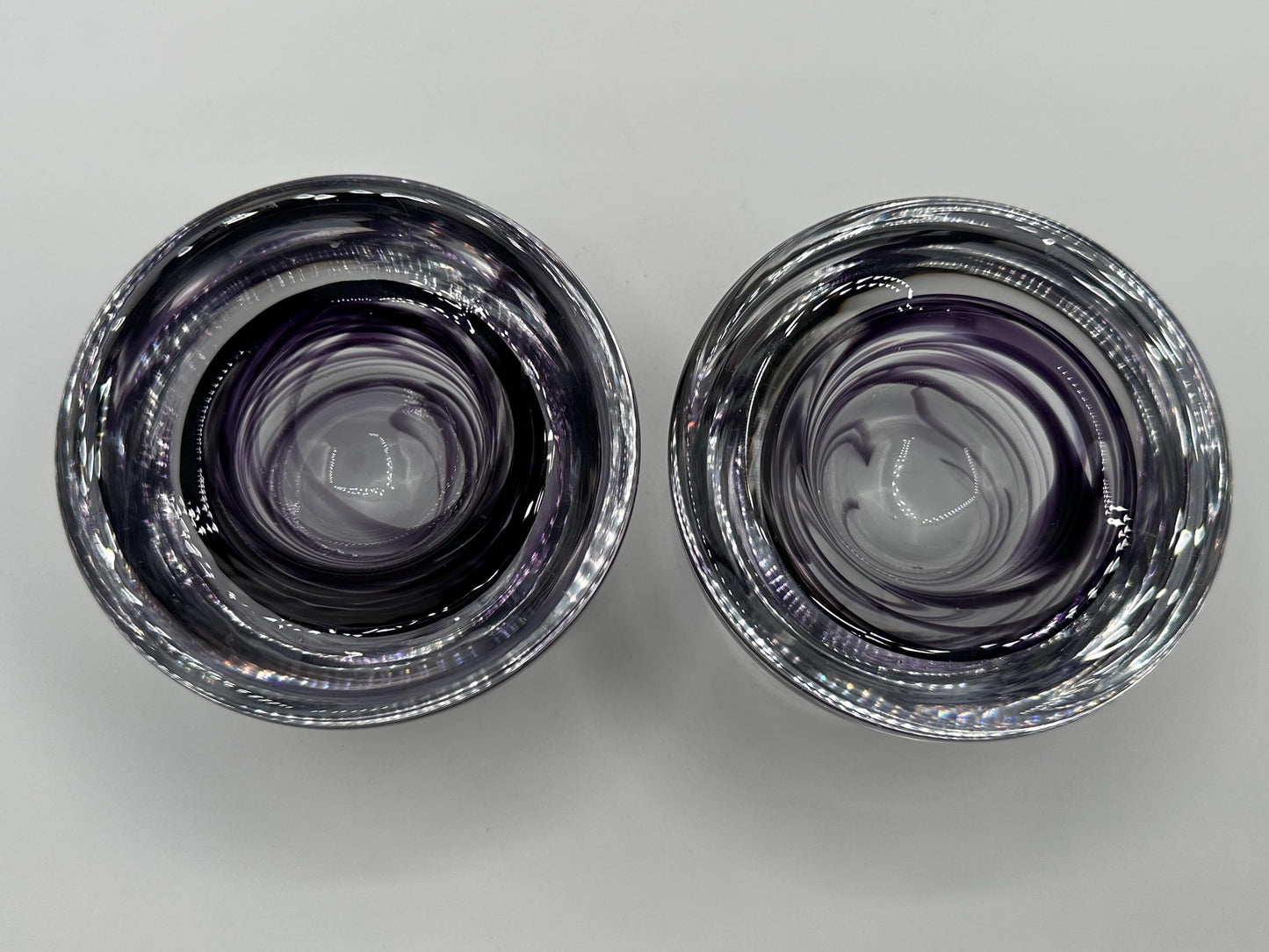Kosta Boda Atoll Votive Candle Holders - Clear & Purple Swirl Glass Art Pair