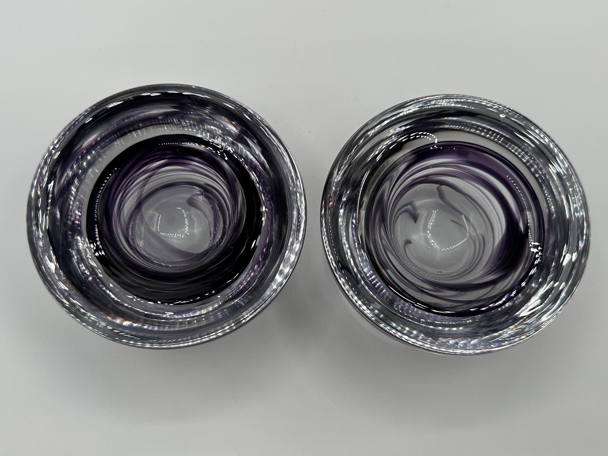 Kosta Boda Atoll Votive Candle Holders - Clear & Purple Swirl Glass Art Pair