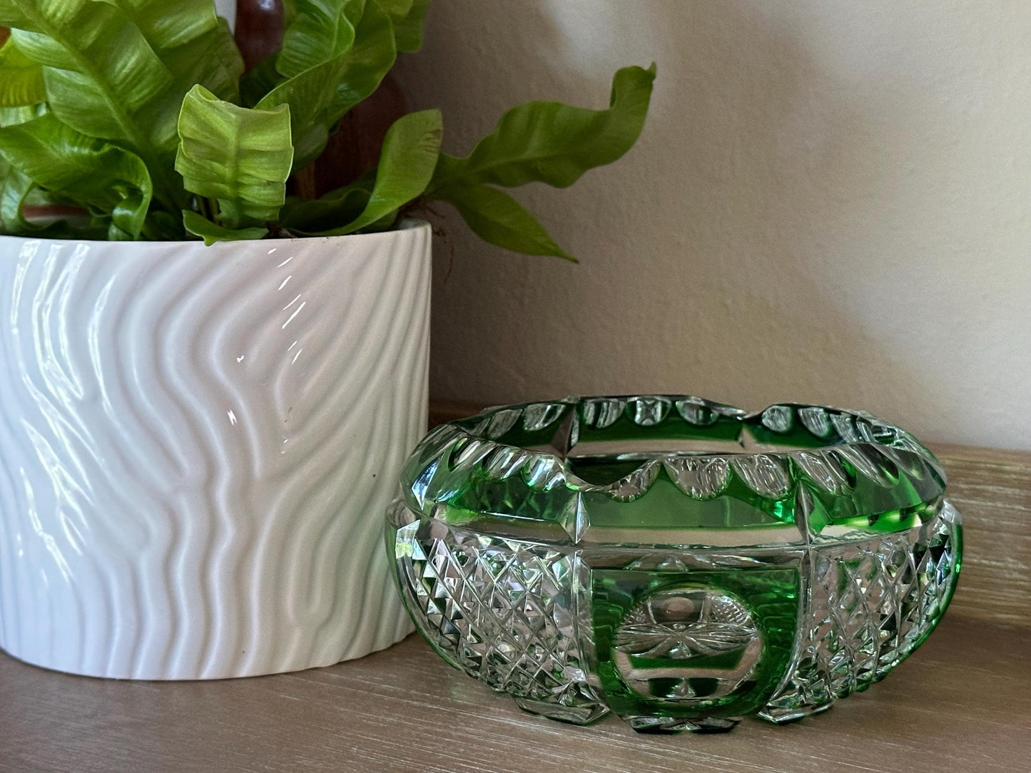Vintage Bohemian Cut Glass Ashtray - Emerald Green Crystal Smoking Accessory for Home Decor