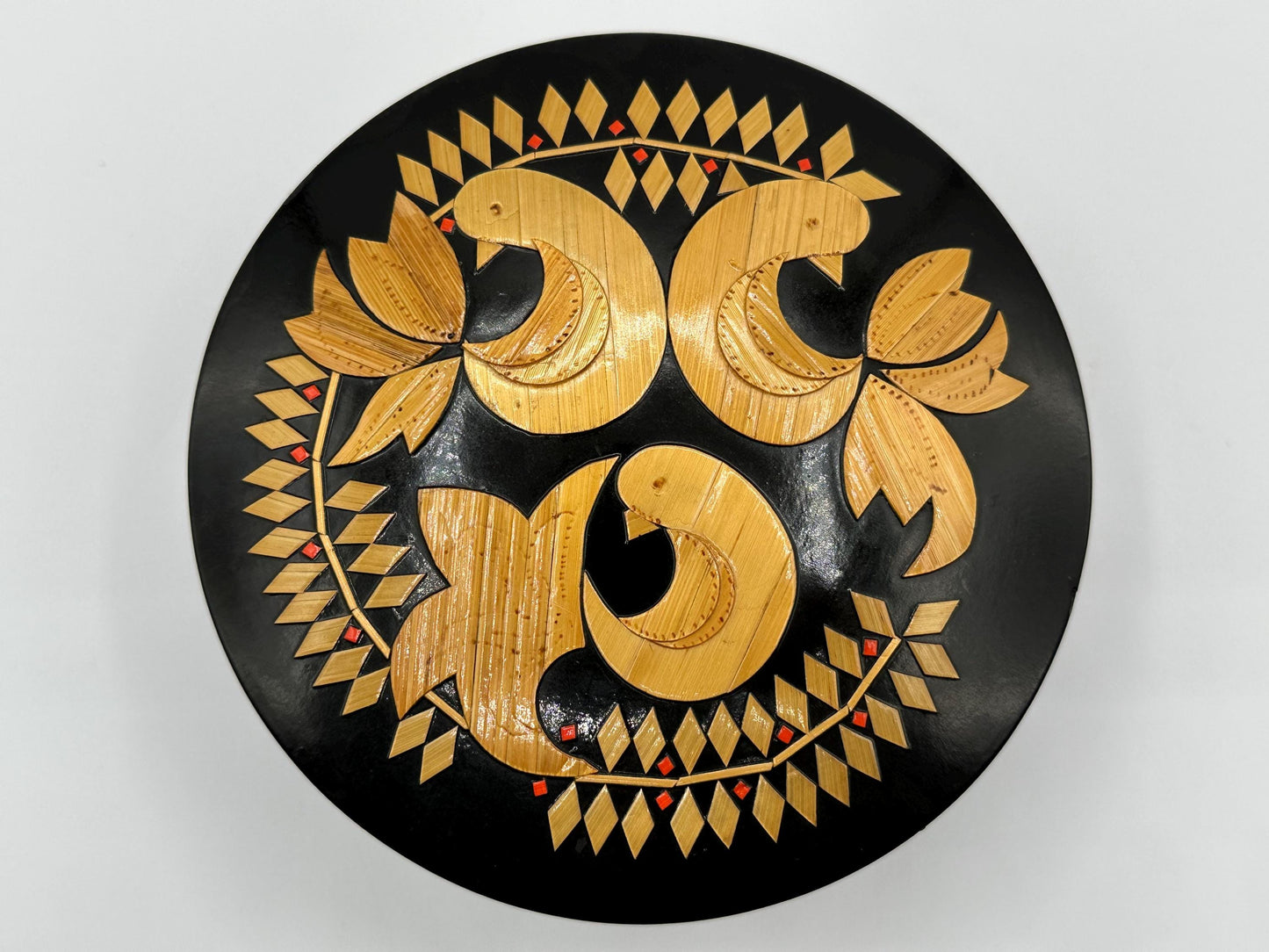 Mid-Century Black Lacquer Wooden Bird Trinket Box with Inlay Design - Vintage Decorative Storage