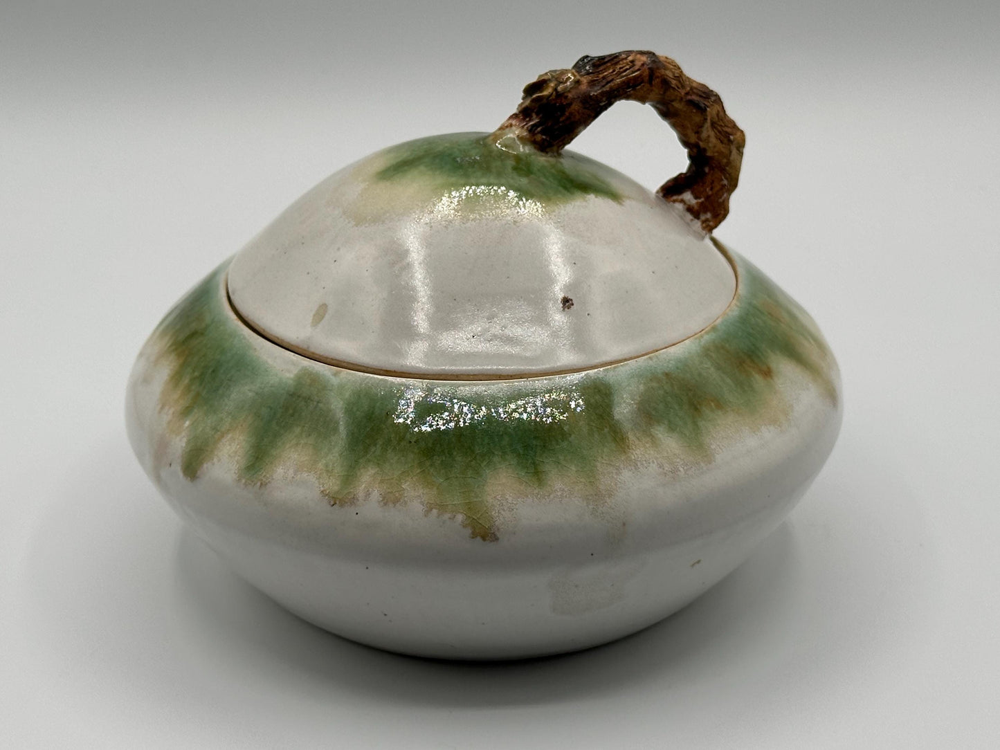 Vintage Stoneware Serving Dish with Unique Branch Handle - Rustic Ceramic Pottery in Earthy Tones