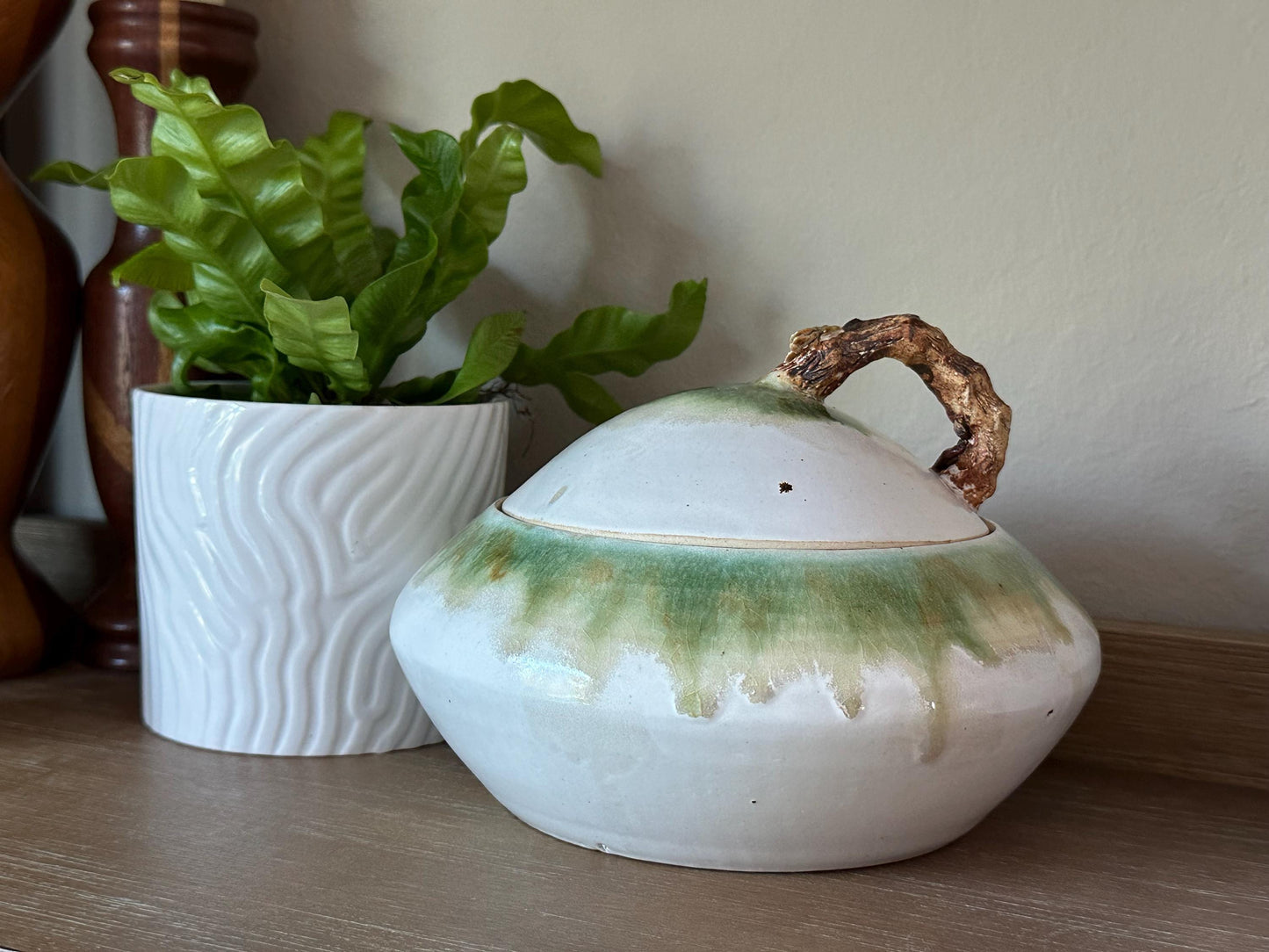 Vintage Stoneware Serving Dish with Unique Branch Handle - Rustic Ceramic Pottery in Earthy Tones
