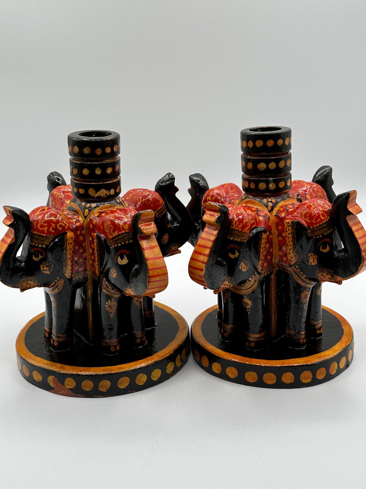 Vintage Boho Hand-Painted Elephant Wooden Candle Holders Set - Unique Home Decor Accent Pieces