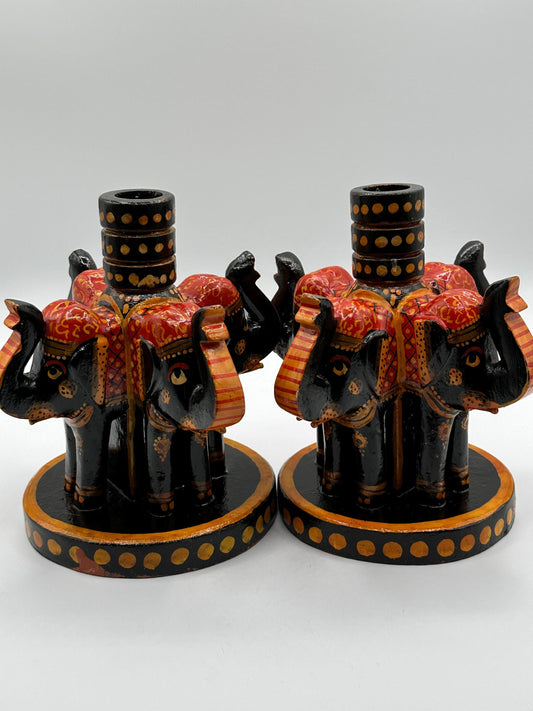 Vintage Boho Hand-Painted Elephant Wooden Candle Holders Set - Unique Home Decor Accent Pieces