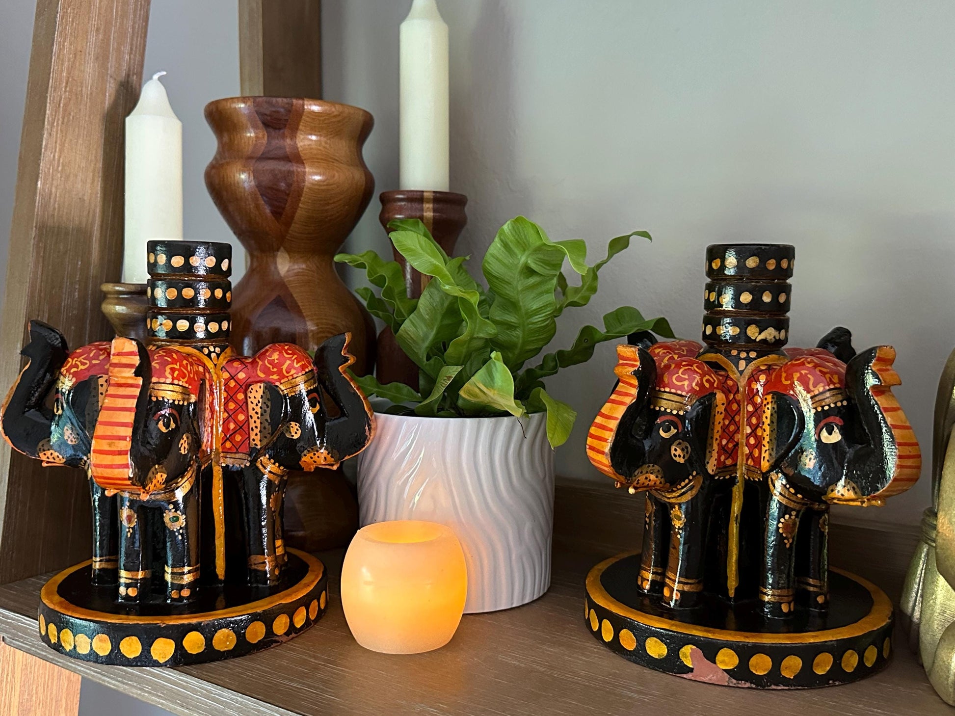 Vintage Boho Hand-Painted Elephant Wooden Candle Holders Set - Unique Home Decor Accent Pieces