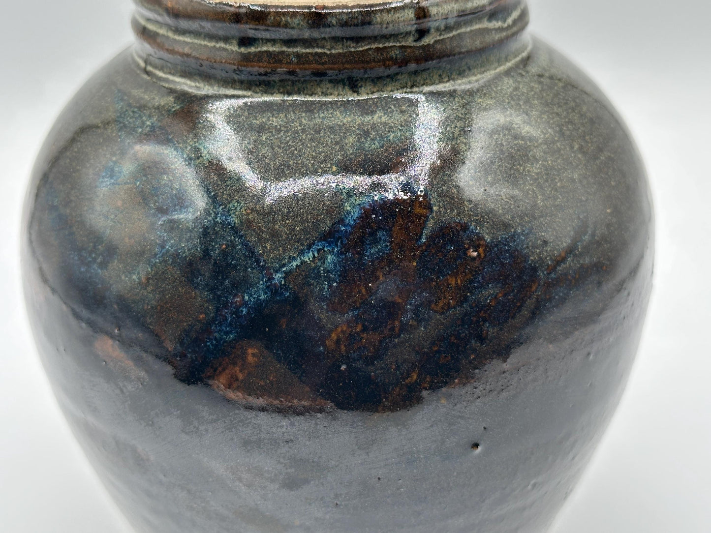 Handcrafted Vintage Studio Pottery Vase With Bronze and Blue Specks- Signed Glazed Ceramic Art Piece for Home Decor