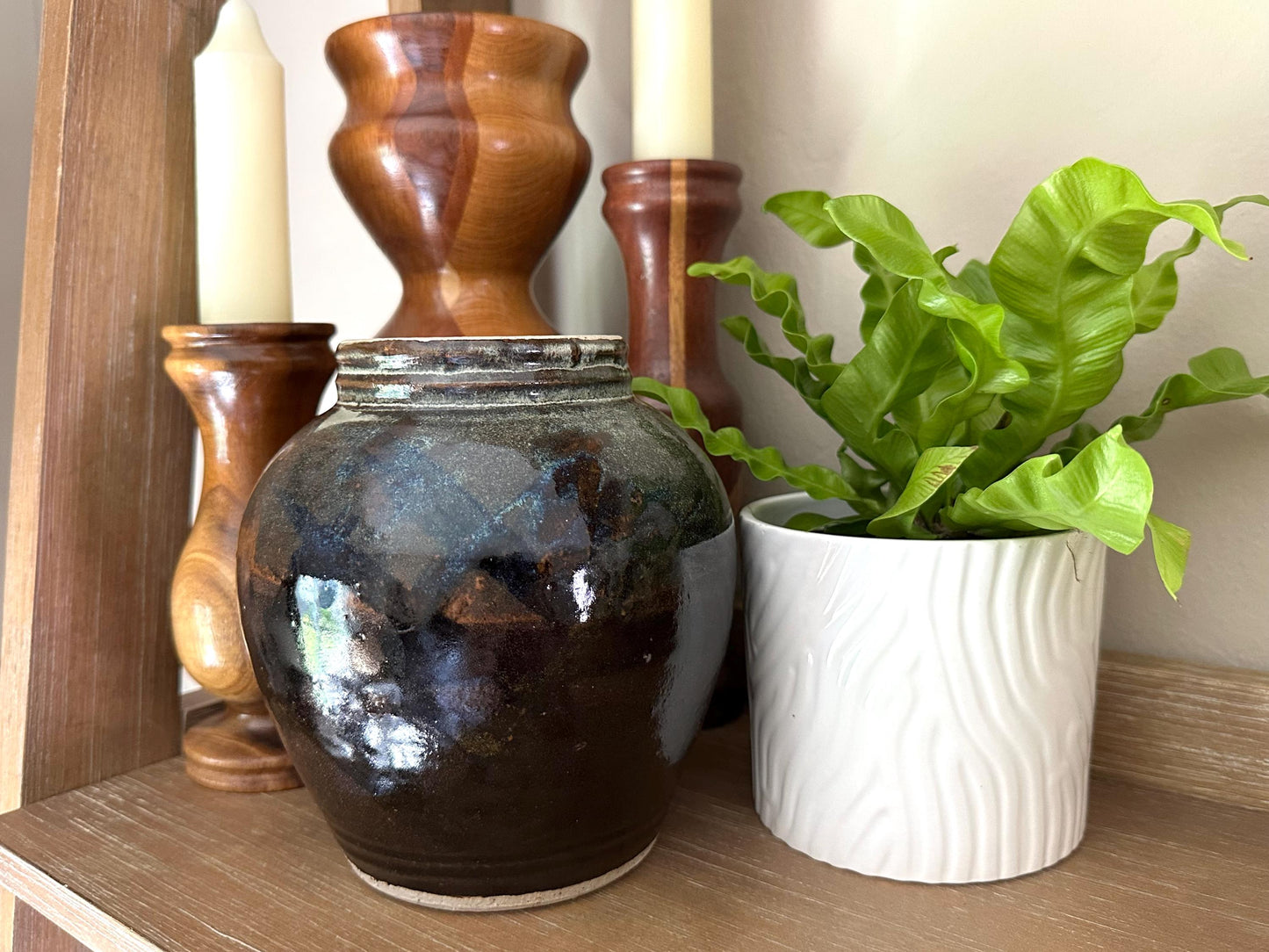 Handcrafted Vintage Studio Pottery Vase With Bronze and Blue Specks- Signed Glazed Ceramic Art Piece for Home Decor