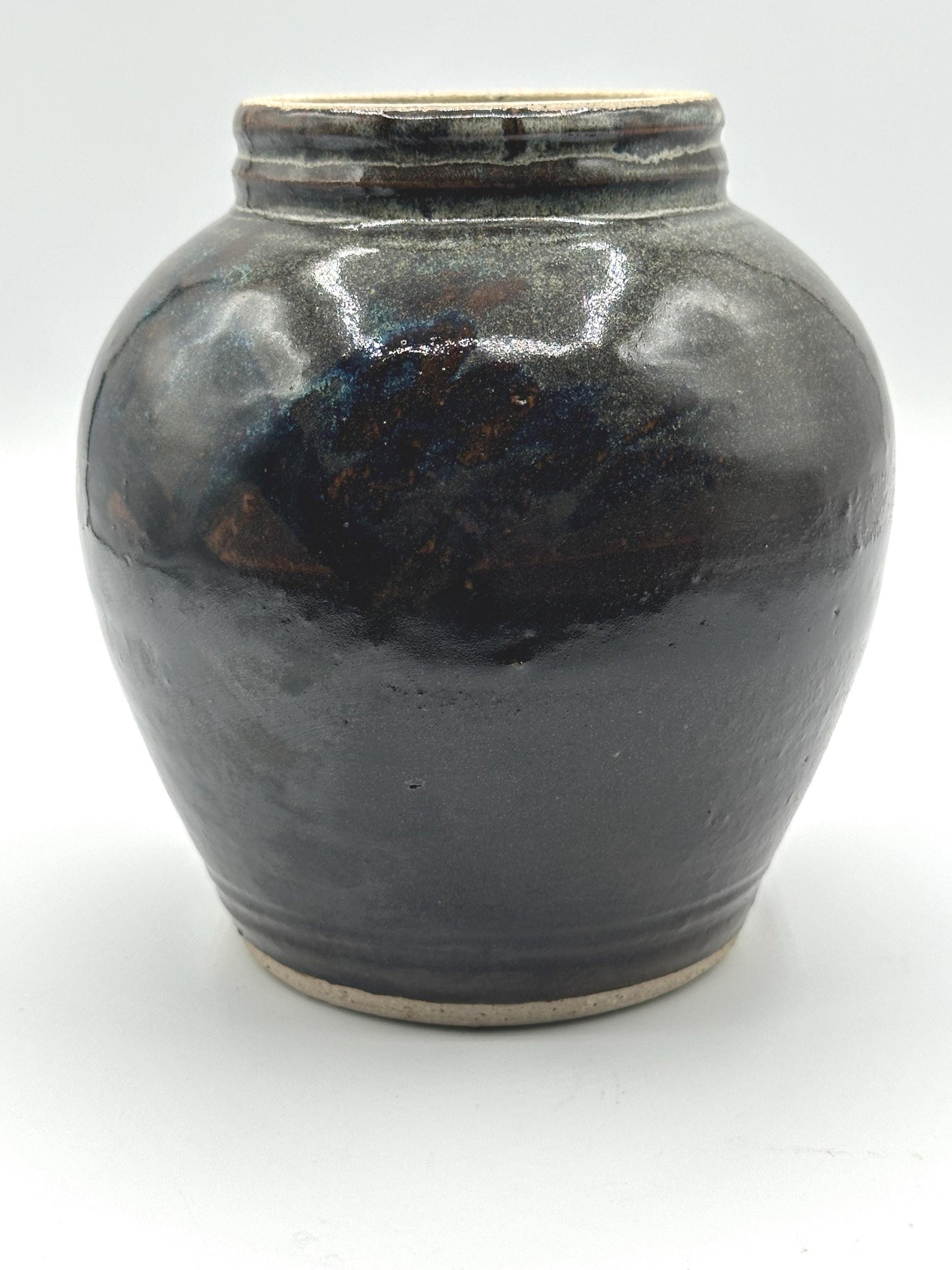 Handcrafted Vintage Studio Pottery Vase With Bronze and Blue Specks- Signed Glazed Ceramic Art Piece for Home Decor