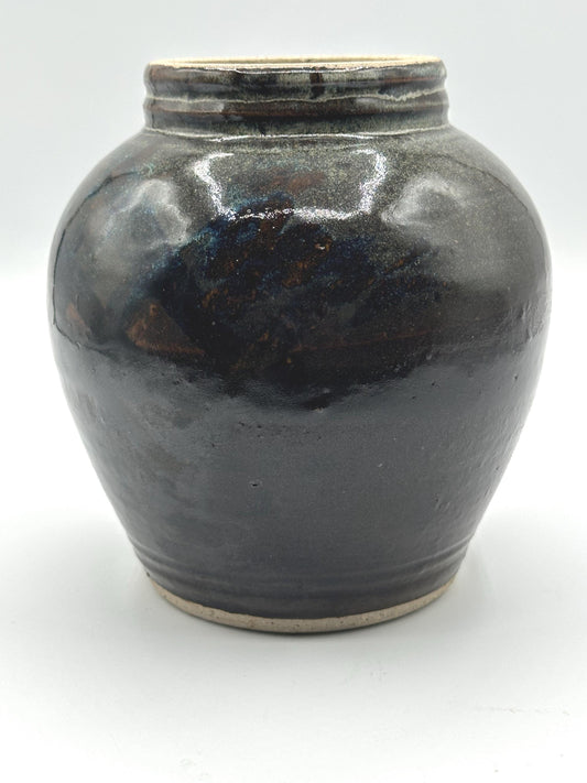 Handcrafted Vintage Studio Pottery Vase With Bronze and Blue Specks- Signed Glazed Ceramic Art Piece for Home Decor