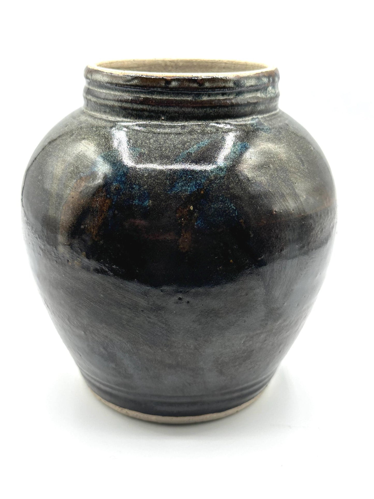 Handcrafted Vintage Studio Pottery Vase With Bronze and Blue Specks- Signed Glazed Ceramic Art Piece for Home Decor