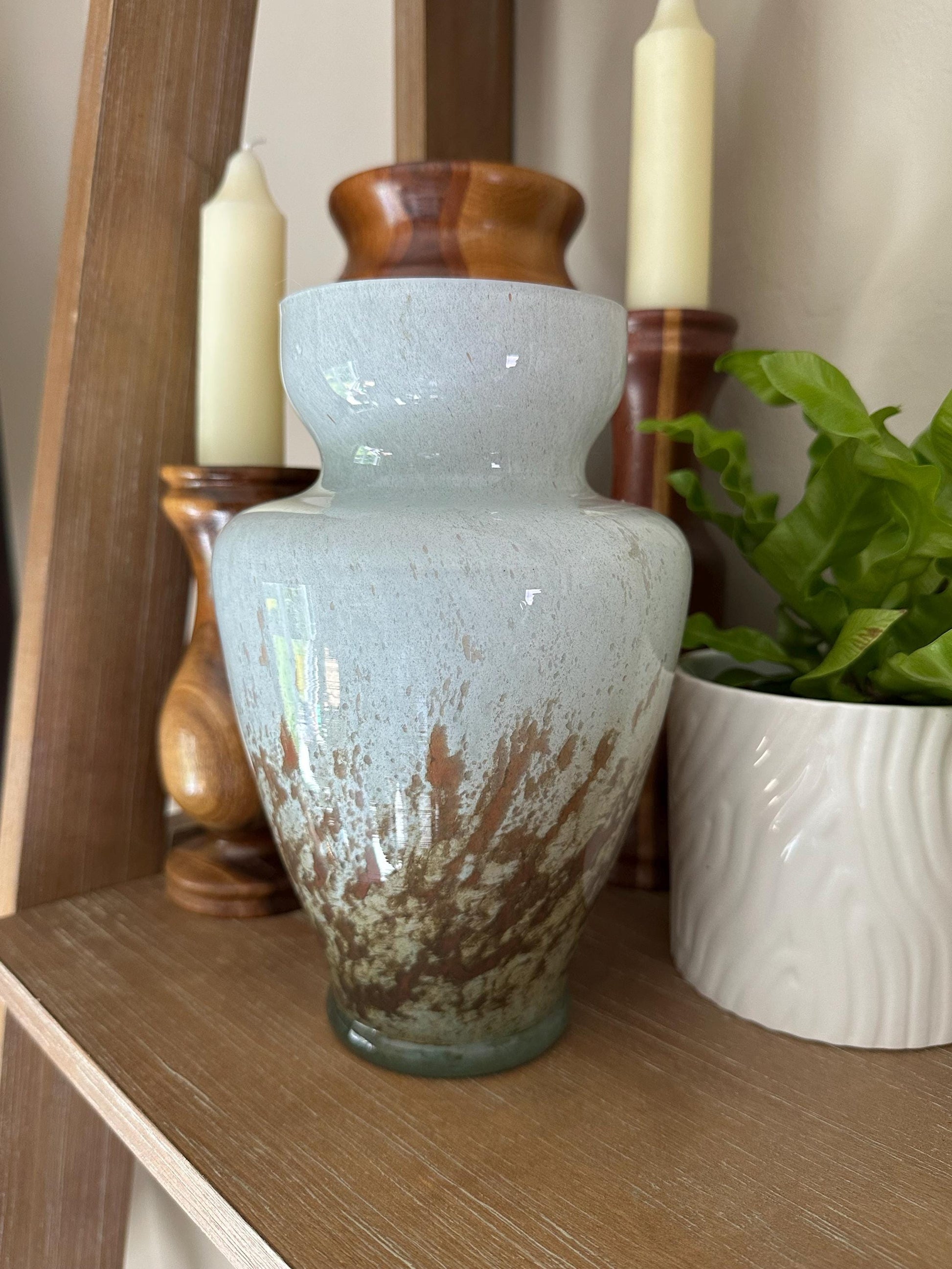 Vintage Czech Art Deco Handblown Glass Vase - Bronze & Green Drip Design by N Ogica, 8 Inches Tall